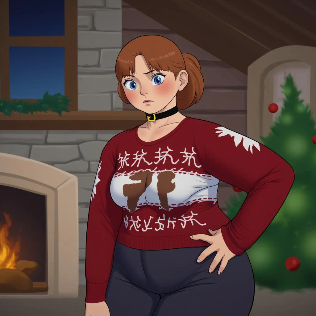 [noelleholiday], [Deltarune], [Uploaded to e621.net; (Pixelsketcher), (wamudraws), (woolrool)], ((masterpiece)), ((HD)), ((highres)), ((solo portrait)), ((front view)), ((waist up)), ((furry; anthro)), ((detailed fur)), ((detailed shading)), ((beautiful render art)), ((intricate details)), {anthro deer; brown fur, red nose, brown eyebrows, (cute freckles), cute brown eyes, (short eyelashes), (deer antlers), long blonde hair, short fluffy tail, (beautiful defined leglushing), (nervous smirk)}, {(green and red white-collared checkered sweater), (black sleeves), (short black pencil skirt)}, {(standing), (hand in hair), (looking at viewer)}, [background; (living room), (fireplace), (christmas decorations), (window), (snow in window), (starry sky)] bbw, plump, large belly, large breasts, large thighs, love handles, wide hips, weight gain
