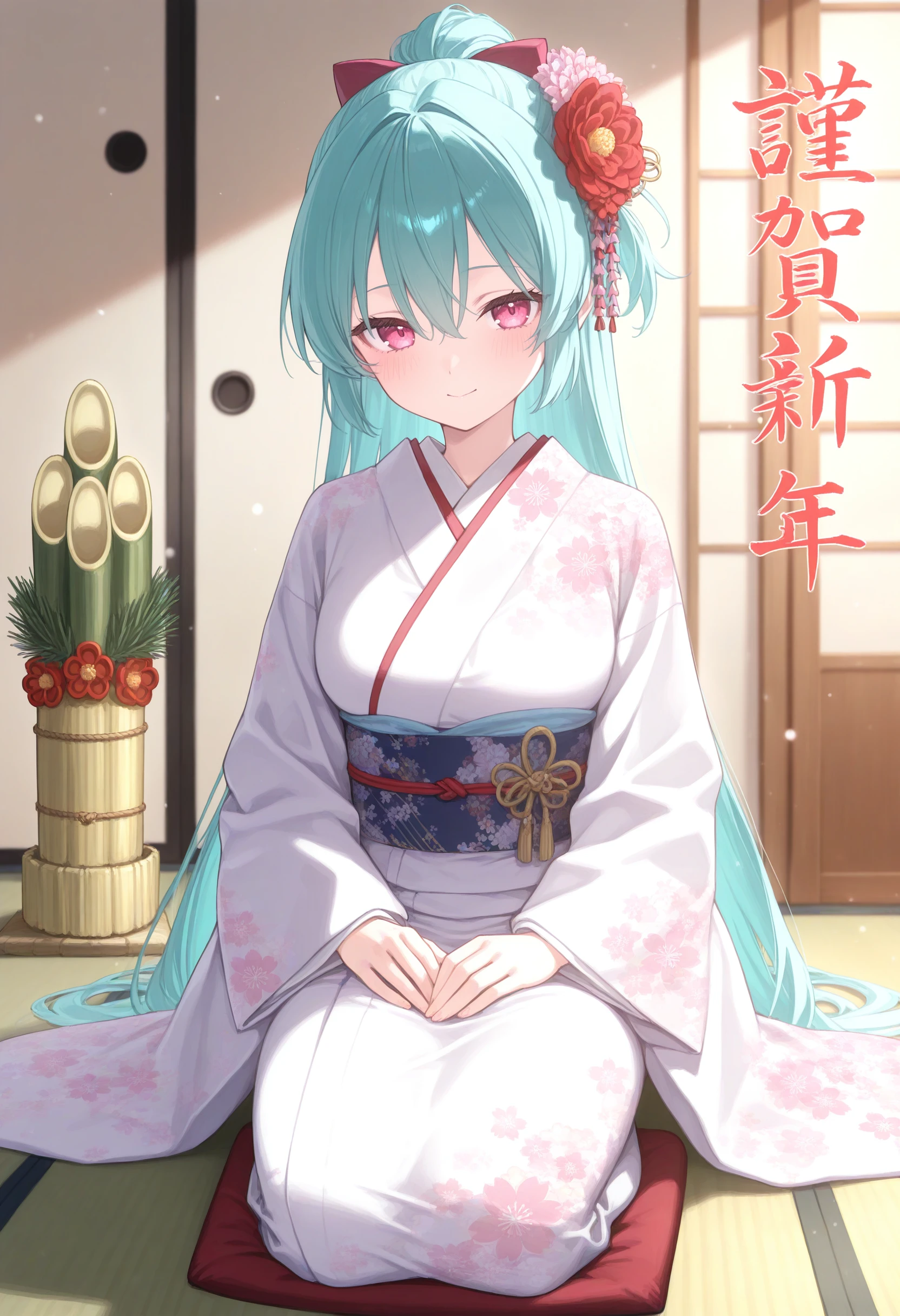 1girl,(sho \(sho lwlw\):0.7),(toosaka asagi:0.5),(sincos:0.3),solo,
masterpiece, best quality, newest, absurdres, CG, anime, source anime, illustration,
medium breasts,
nengajou, japanese clothes, kimono, new year, sitting, kadomatsu, seiza, hair flower, happy new year, floral print, akeome, furisode, hamaya,  2025 <lora:nengajou_Illust_v1:0.8>
aqua hair, pink eyes,closed mouth, half updo hair,,