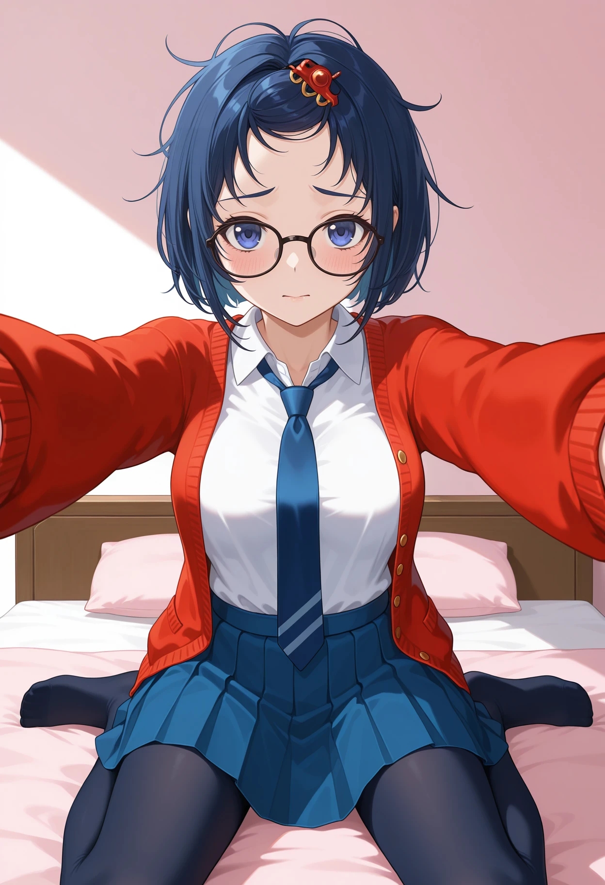 <lora:Mila_illustrious-000060:1>,
MILA,solo,blue necktie,black-framed eyewear,white background,short hair,white shirt,blue skirt,simple background,blue eyes,blue hair,long sleeves,pleated skirt,bangs pinned back,open cardigan,red cardigan,dark blue pantyhose,messy hair,cowboy_shot,shy,blush,reaching_out,panic,wariza,bedroom,girls bedroom,panic,indoor,front view,pink wallpaper