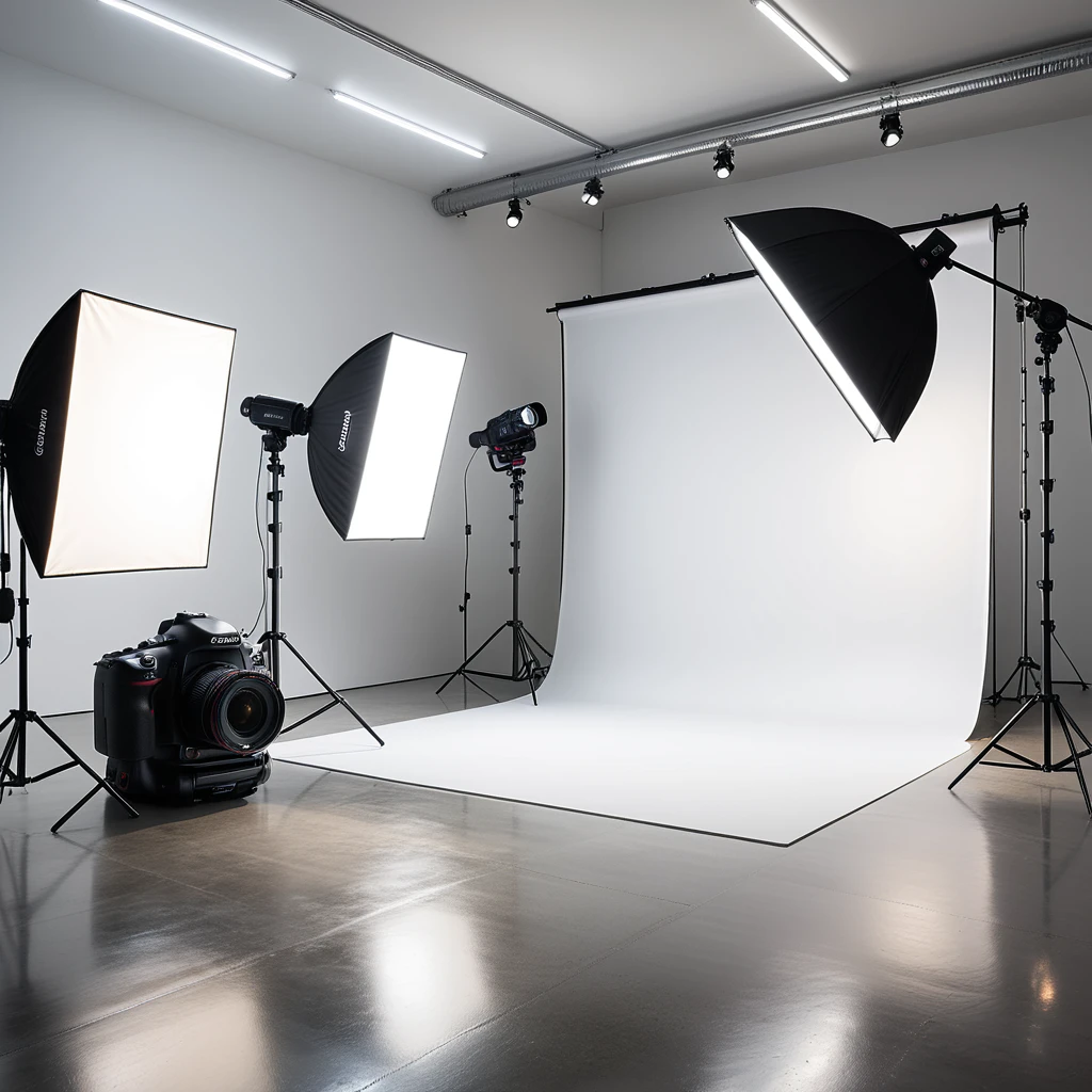 A professional photography studio with a clean, modern design. The room has smooth white walls and a polished concrete floor. A large white backdrop extends across one wall, seamlessly curving into the floor to create an infinity effect. Positioned directly in front of the backdrop is a high-end DSLR camera mounted on a sturdy black tripod, aimed toward the scene for shooting. The camera has a visible lens and adjustment dials, indicating a professional setup. On either side of the backdrop are two large softbox lights mounted on adjustable stands, emitting a soft, even glow. In the background, there are black equipment cases stacked neatly against the wall, adding to the organized workspace. The overhead fluorescent lights illuminate the space evenly, and faint reflections of the setup can be seen on the smooth floor. The overall atmosphere is bright, clean, and professional, emphasizing functionality and creative potential.
<lora:SDXLFaeTastic2400:0.4> <lora:extremely_detailed:0.4> extremely detailed, Masterpiece,best quality,hi res,8k,hi res,8k,award winning,(sharp focus, intricate, highly detailed),