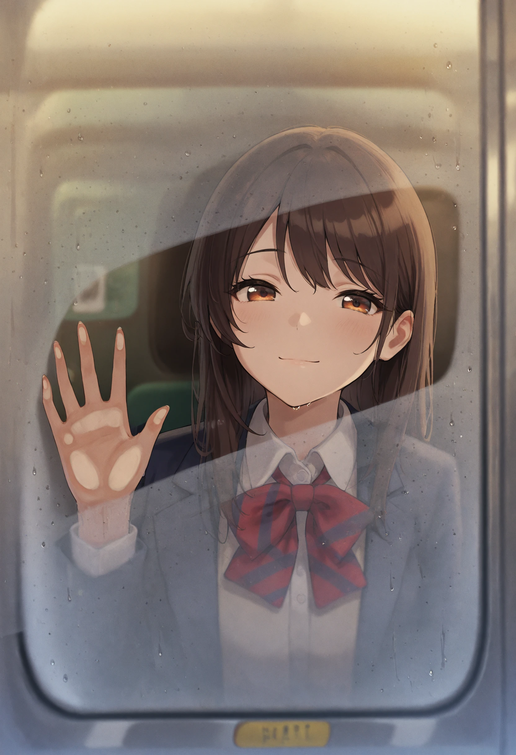 masterpiece, best quality, absurdres, safe
1girl, condensation, hand on glass, blurry, water drop
light smile
train interior
<lora:glass_fog_wiping_il_d32:1>