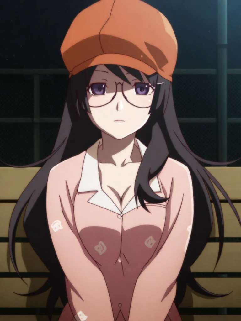 1girl,
hanekawa tsubasa,
monogatari \(series\),
8k, absurdres, high quality, masterpiece, anime screencap,
long hair, purple eyes, black hair, glasses, 
upper body, pink pajamas, cleavage, orange cabbie hat, 
night, dark, outdoors, 
sitting, on bench, dutch angle,