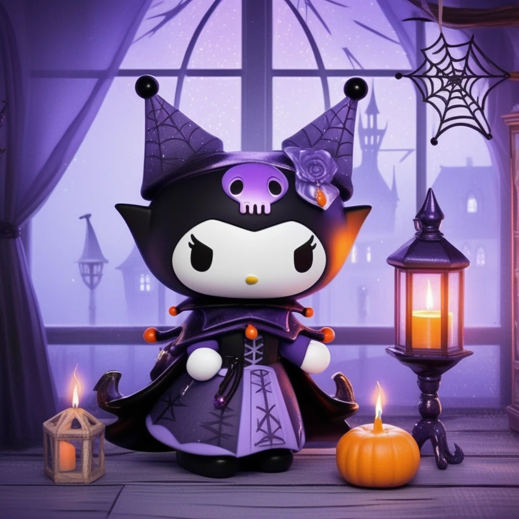 concept art Kuromi, gothic witch costume, tall pointed hat, spiderweb cape, cauldron in background, orange and purple, in a lovely shack with windows and candles   <lora:kuromi:1> kuromix  . digital artwork, illustrative, painterly, matte painting, highly detailed