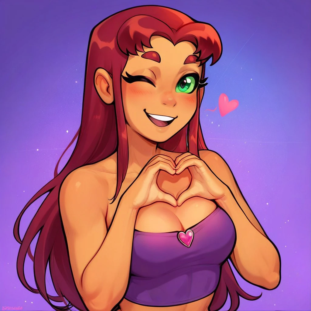 score_9, score_8_up, score_7_up, score_6_up, score_5_up, score_4_up, source_cartoon, rating_safe, 1girl, starfire, making a heart shape with hands, wink, looking at viewer, upper body, cute, horny