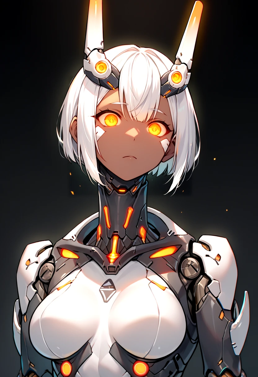 Score_9, score_8_up, score_7_up, score_6_up,  source_anime, 1girl, solo, mechanical, upper body, black backdrop, cyborg, dark skin,orange eyes,  mecha musume, white hair, bob cut,  neon trim, glowing parts, white body, halftones, mechanical breasts, glowing eyes,  <lora:cool_ASF_mecha_MIX:1>