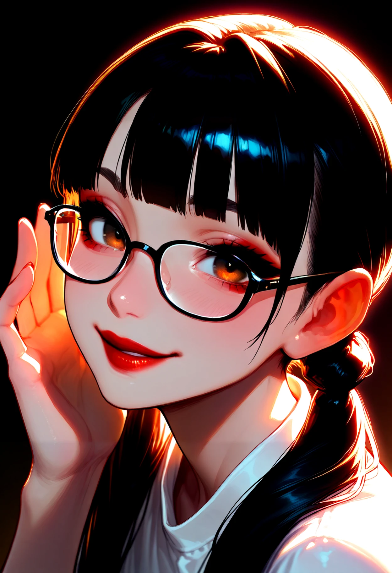 IllusP0s, 1girl, solo, portrait, face focus, asian, black hair, glasses, white shirt, smile, red lipstick, pigtails, eyeliner, 25 years old gorgeous supermodel kpop, soft lighting, subtle shadows