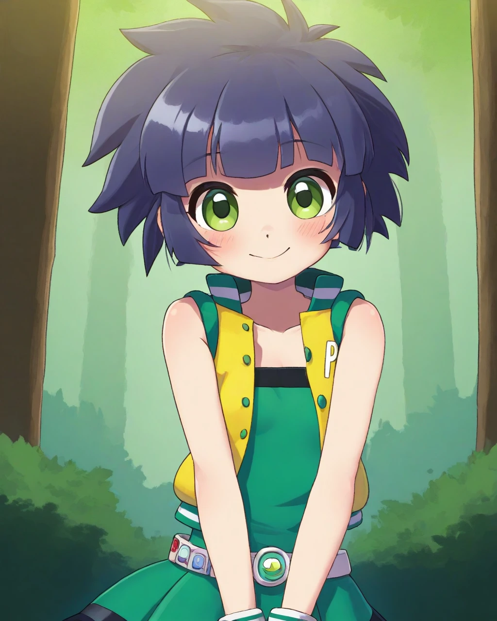 masterpiece, best quality, evnstnly, 1girl, solo, ppgzkaoru, poweredbuttercup, belt, green shirt, strapless, green skirt, green vest, smile, blush, v arms, looking at viewer, walking, upper body, forest

