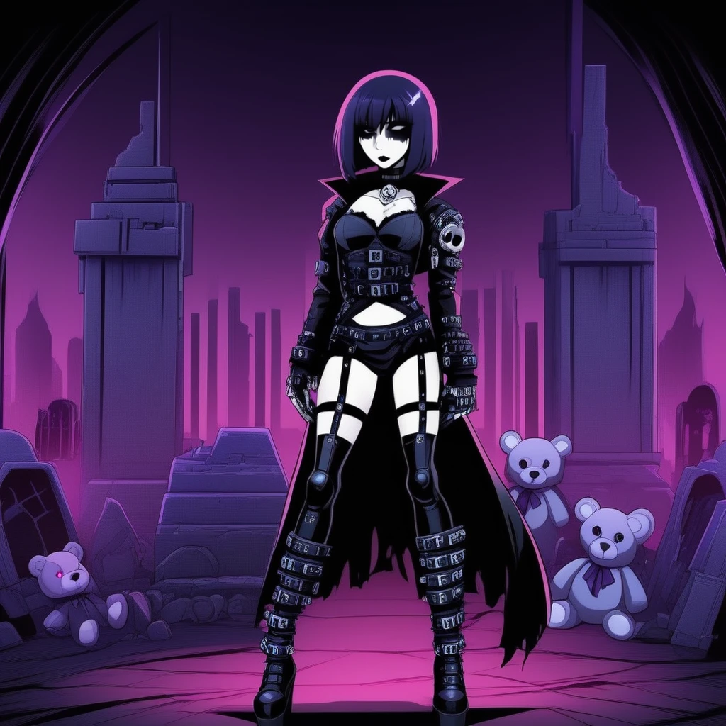 Techwear fashion  <lora:gothichic- sdxl1.0:1> gothichic, a beautiful gothic girl wearing a sexy outfit, posing in a dynamic poses, sexy sensual poses, holding a teddy in a graveyard . Futuristic, cyberpunk, urban, tactical, sleek, dark, highly detailed