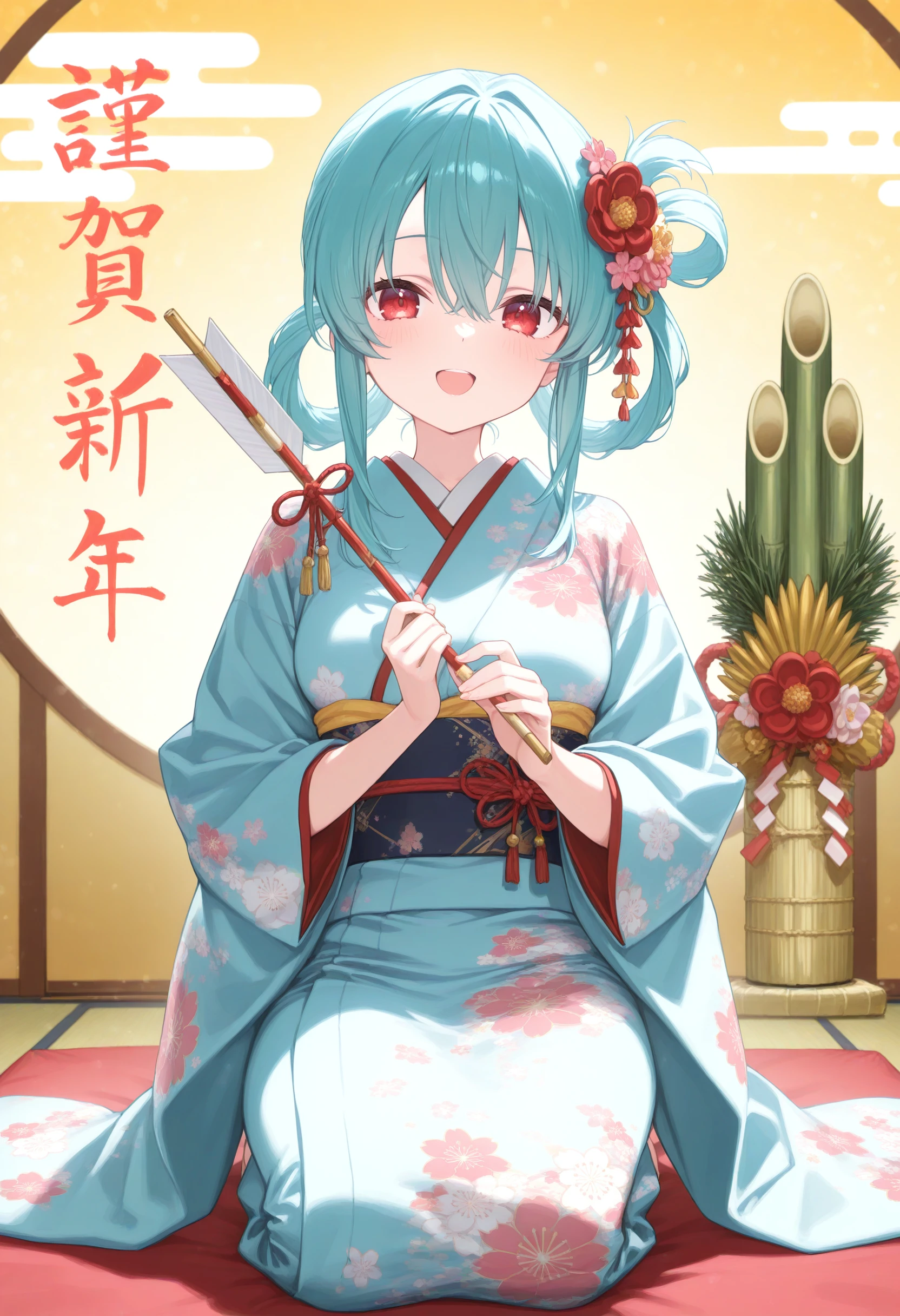 1girl,(sho \(sho lwlw\):0.7),(toosaka asagi:0.5),(sincos:0.3),solo,
masterpiece, best quality, newest, absurdres, CG, anime, source anime, illustration,
medium breasts,
nengajou, japanese clothes, kimono, new year, sitting, kadomatsu, seiza, hair flower, happy new year, floral print, akeome, furisode, hamaya,  2025 <lora:nengajou_Illust_v1:0.8>
aqua hair, red eyes,open mouth, hair rings hair,,