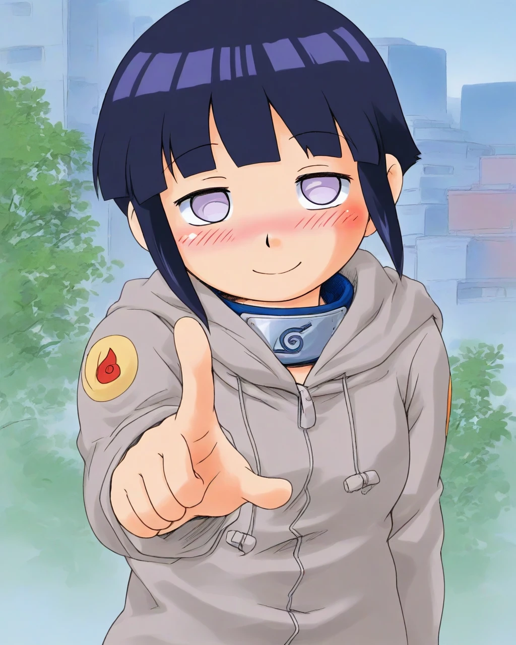 masterpiece, best quality, hoshinofuuta, 1girl, solo, hinatagenin, grey jacket, happy, blush, pointing at viewer, looking away, standing, upper body, city