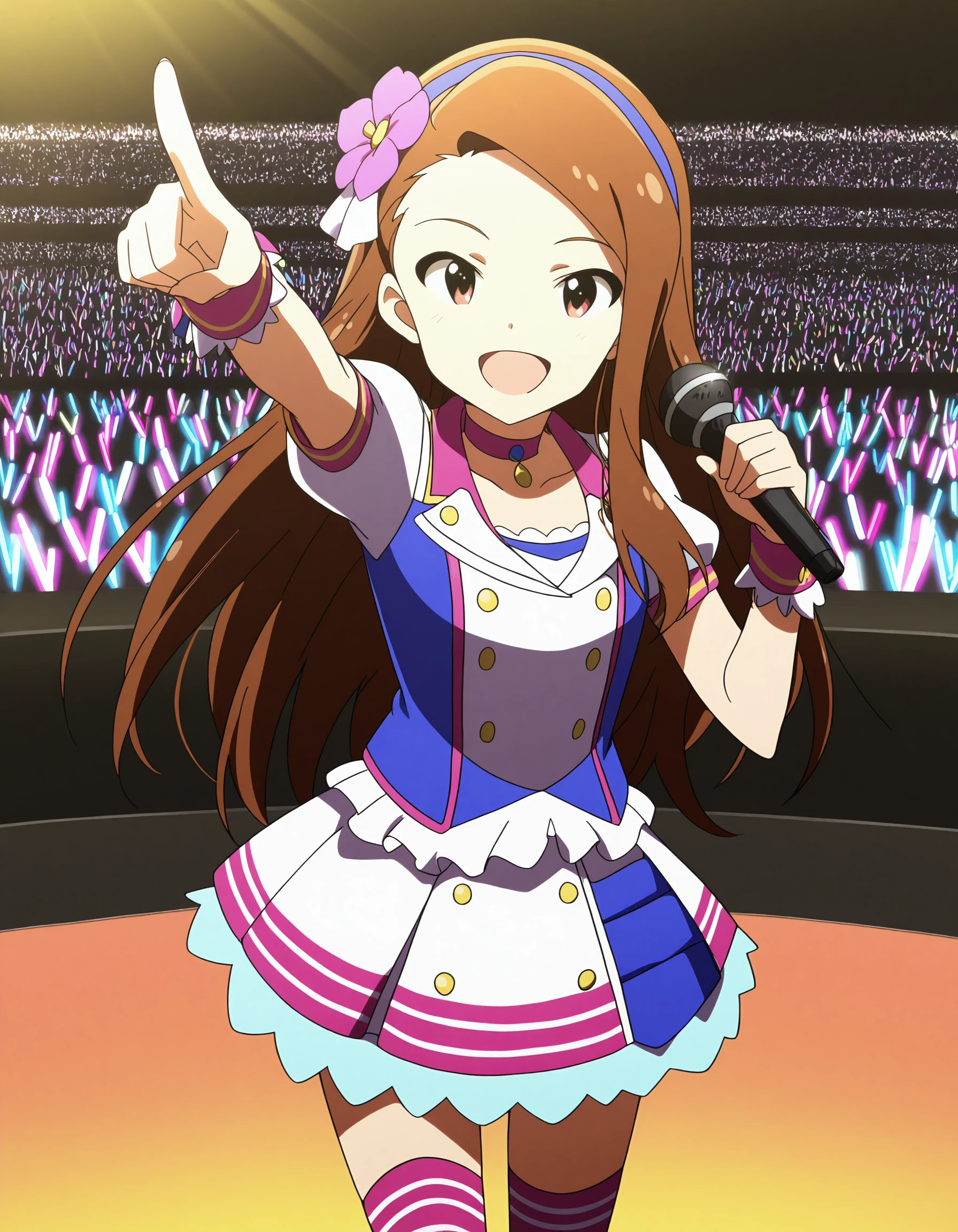 anime coloring, anime screencap, masterpiece, detailed face,
 <lora:Iori_Minase_The_iDOLMSTER_2011_anime_art_style_-_Illustrious:.8>minase iori, brown hair, microphone, long hair, 1girl, flower, usa-chan (idolmaster), open mouth, hairband, thighhighs, hair flower, smile, hair ornament, glowstick, idol, pointing, brown eyes, choker, :d, solo focus, skirt, concert, audience, solo