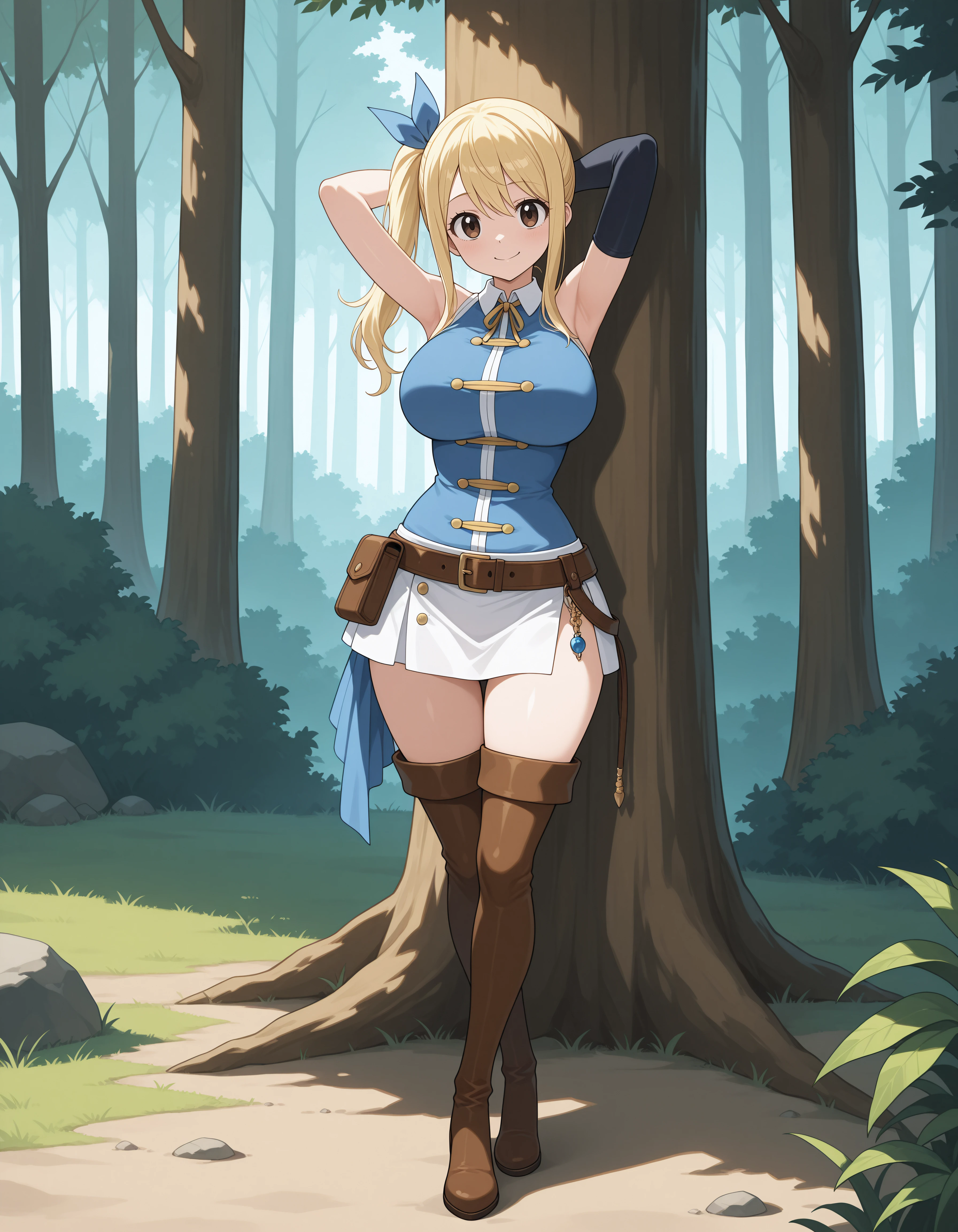 (masterpiece,best quality:1.2),amazing quality,very aesthetic,absurdres,newest, full body,
1girl, solo, lucyh_timeskip, blonde hair, long hair, brown eyes, large breasts, one side up, very long side ponytail,  sleeveless shirt, single black detached sleeve, white skirt, brown belt, brown thigh boots, 
standing, arms behind head, arms up, looking at viewer, at tree, leaning against tree, outdoors, forest, looking at viewer, smile, crossed legs  <lora:lucy_heartfilia_illustrious:1>