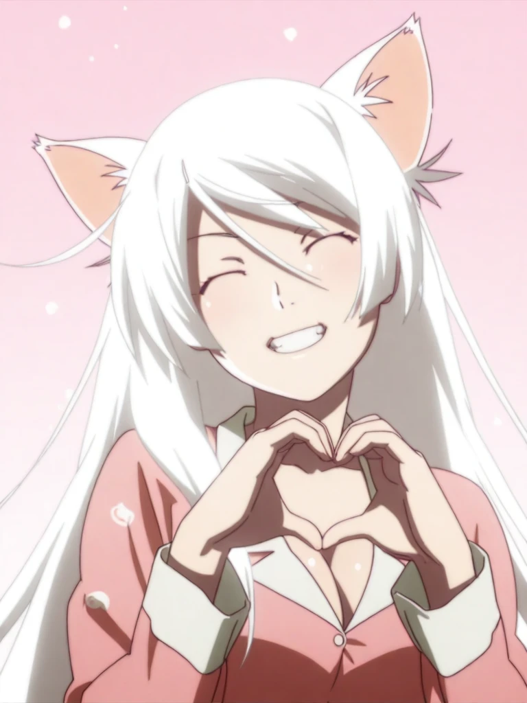 1girl,
hanekawa tsubasa, 
monogatari \(series\), 
8k, absurdres, high quality, masterpiece, anime screencap,
long hair, white hair, smile, clenched teeth, closed eyes, head tilt, bakeneko, cat ears, 
upper body, heart hands, hands up, pink pajamas, 
large breasts, cleavage, tight clothes, 
simple background, pink background,