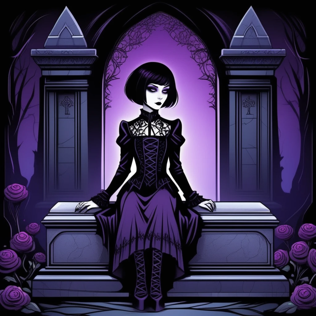 Gothic style  <lora:gothichic- sdxl1.0:0.8> gothichic, a beautiful girl wearing purple outfit, short hair lying on a tomb in a cemetery . Dark, mysterious, haunting, dramatic, ornate, detailed