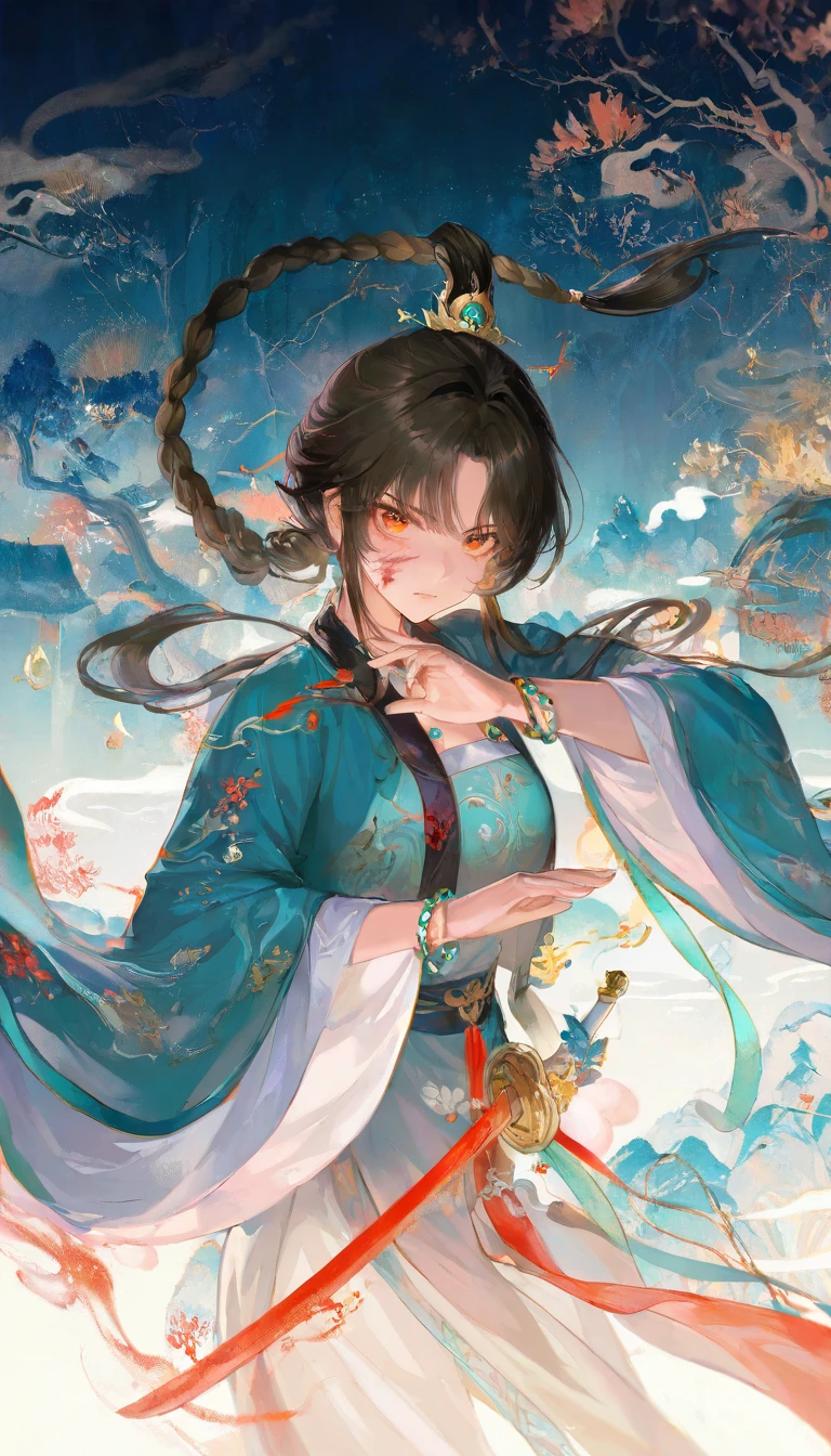 masterpiece, best quality, Good quality, very aesthetic, absurdres, newest, 1girl, black hair, blood, blood on face, bracelet, braid, braided ponytail, fighting stance, floating hair, hair intakes, hair over eyes, holding, holding sword, holding weapon, hanfu, jewelry, long hair,necklace, orange eyes, serious, sidelocks, single braid, sword, weapon, looking at viewer, Cool And Blue Lighting,(chinese style:1.2),chinese ink painting style,