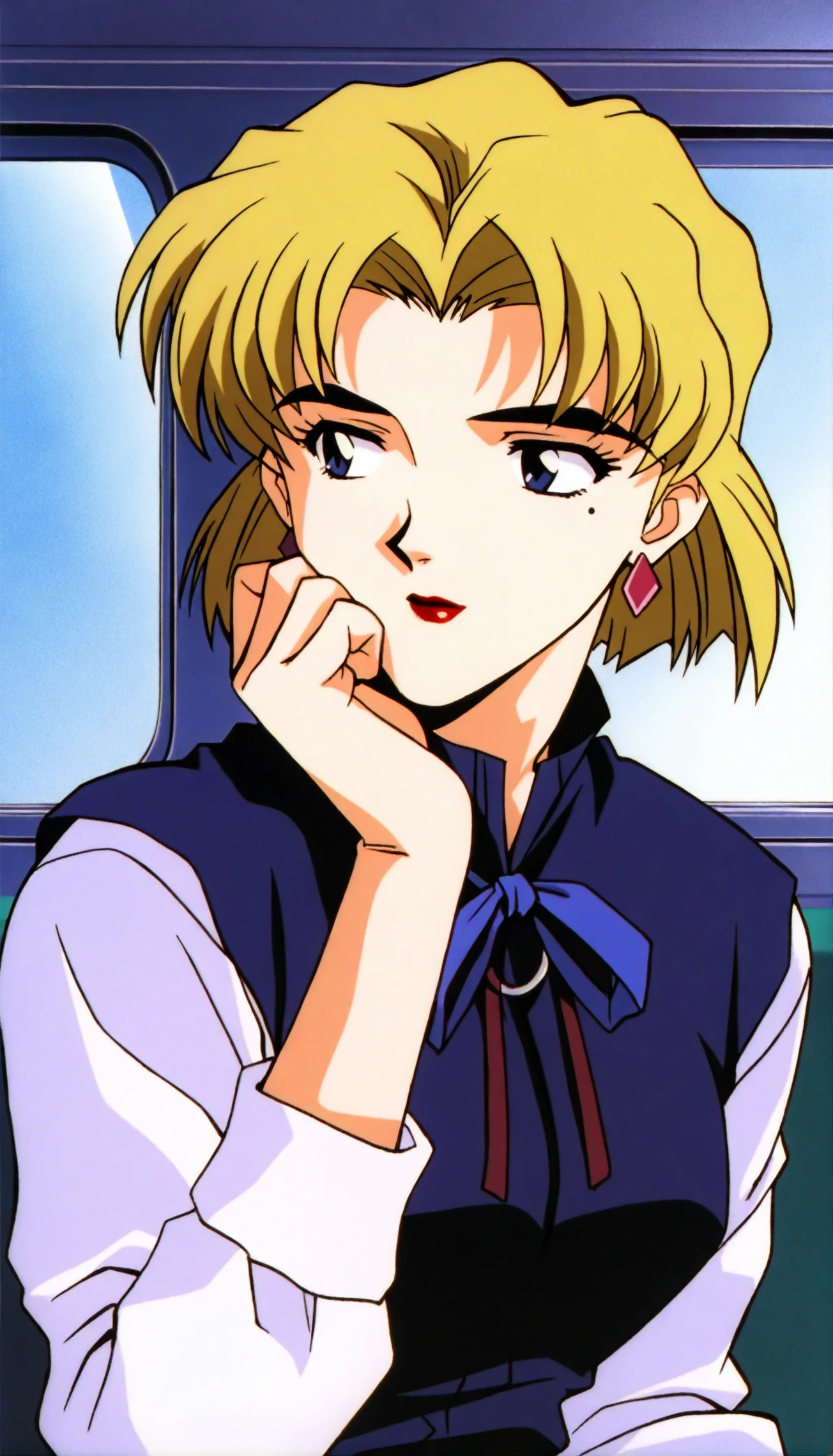 Akagi Ritsuko il,1990s \(style\),1girl,blonde hair,mole under eye,solo,mole,hand on own face,short hair,ribbon,retro artstyle,lipstick,train interior,blue ribbon,red lips,shirt,makeup,hand on own cheek,long sleeves,blue eyes,earrings,<lora:Akagi Ritsuko il:0.9>,masterpiece,best quality,absurdres,highres,