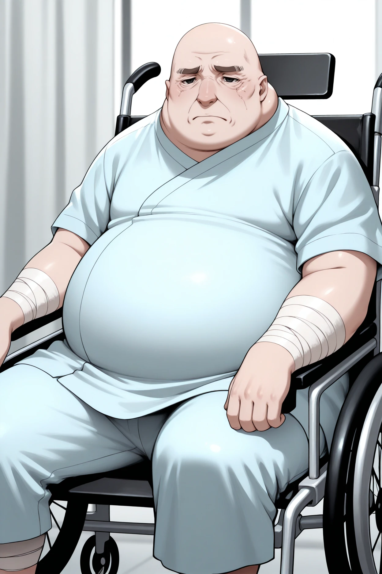 masterpiece, best quality, 1boy, solo, male focus, <lora:p5principal-illu-nvwls-v1-000006:1> p5principal, obese, fat man, bald, black eyes, thick eyebrows, hospital gown, sitting, wheelchair, frown, cast, broken leg, bandages, bandaged leg, sad, hospital