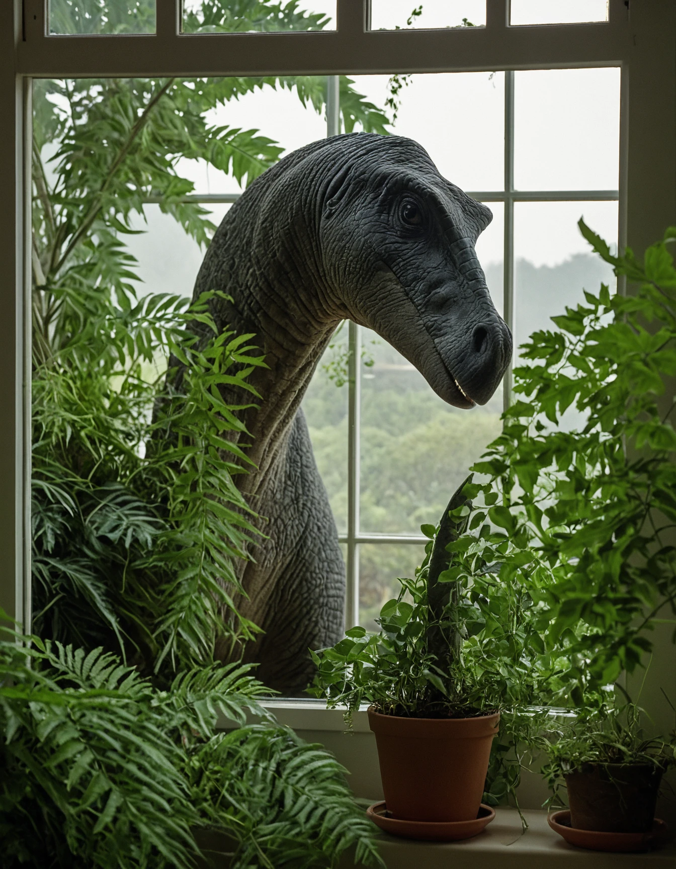 cinematic medium shot of the head of a brachiosaurus dinosaur stuck through a window in a living room, eating leaves from a potted plant, photorealistic, sharp focus, very detailed skin texture <lora:Dinosaur_Practical_Effects-000004:1>