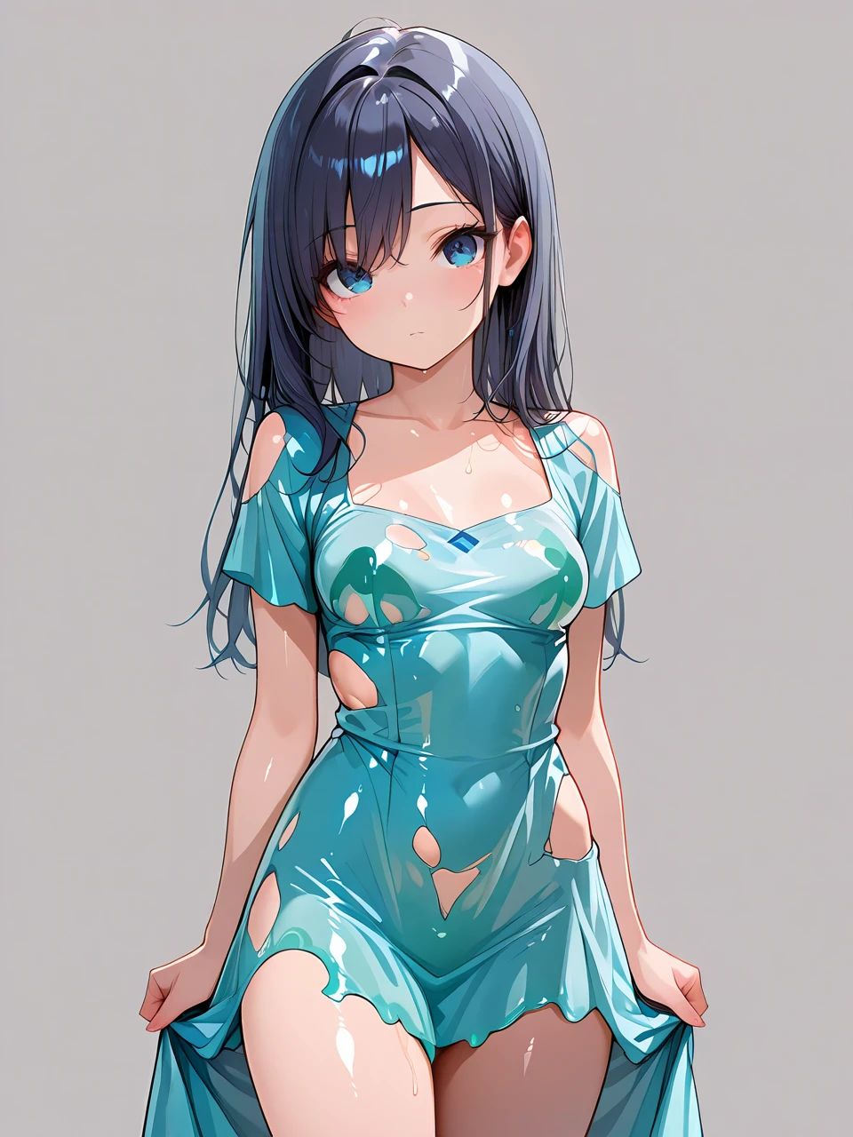 masterpiece,amazing quality,best quality,ultra-detailed,8K,illustration,CG,shiny hair,clear skin,ultra-detailed-eyes,simple background,cute girl, eyelashes,dress, <lora:melted clothes_illustrious_V1.0:1> melted clothes, dissolving clothes, slime \(substance\)