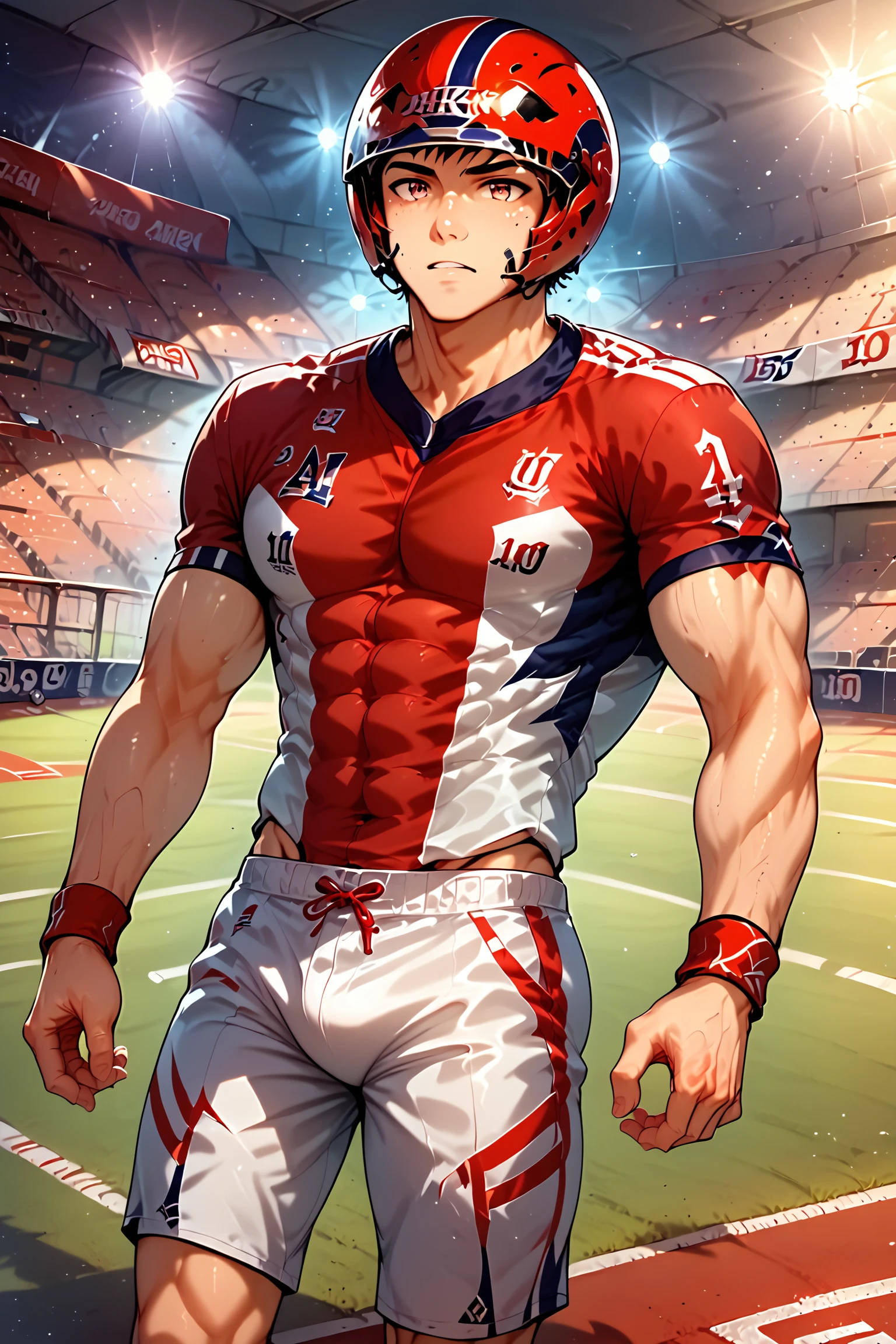 CG illustration, ai-generated, score_9, score_8_up, score_7_up, derek, 1boy, male focus, solo, muscular, muscular male, sportswear, full body, pectorals, helmet, tight, ball, white shorts, short hair, shorts, pants, red shirt, shoes, in stadium