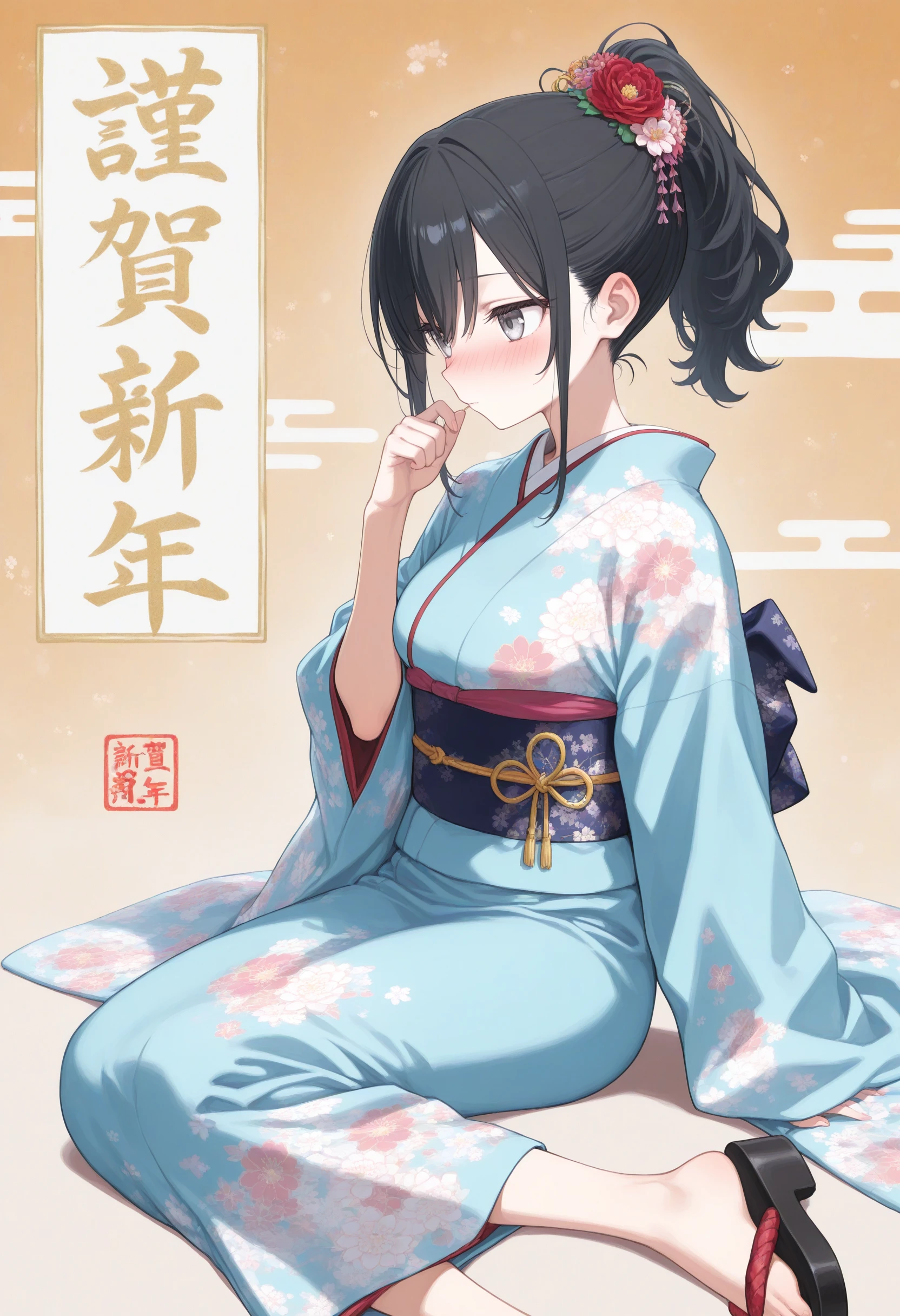 1girl,(sho \(sho lwlw\):0.7),(toosaka asagi:0.5),(sincos:0.3),solo,
masterpiece, best quality, newest, absurdres, CG, anime, source anime, illustration,
medium breasts,
nengajou, japanese clothes, kimono, new year, hair flower, happy new year, floral print, akeome, furisode,  2025 <lora:nengajou_Illust_v1:0.8>
from side, feet out of frame, looking ahead, black hair, silver eyes,nose blush, closed mouth, high ponytail hair,,