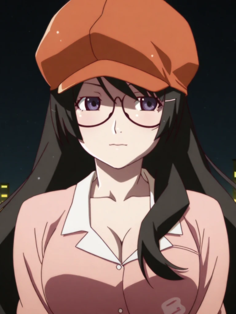 <lora:Hanekawa_Tsubasa_Illustrious:1>
1girl,
hanekawa tsubasa,
monogatari \(series\),
8k, absurdres, high quality, masterpiece, anime screencap,
long hair, purple eyes, black hair, glasses, 
upper body, pink pajamas, cleavage, large breasts, orange cabbie hat, 
night, dark,