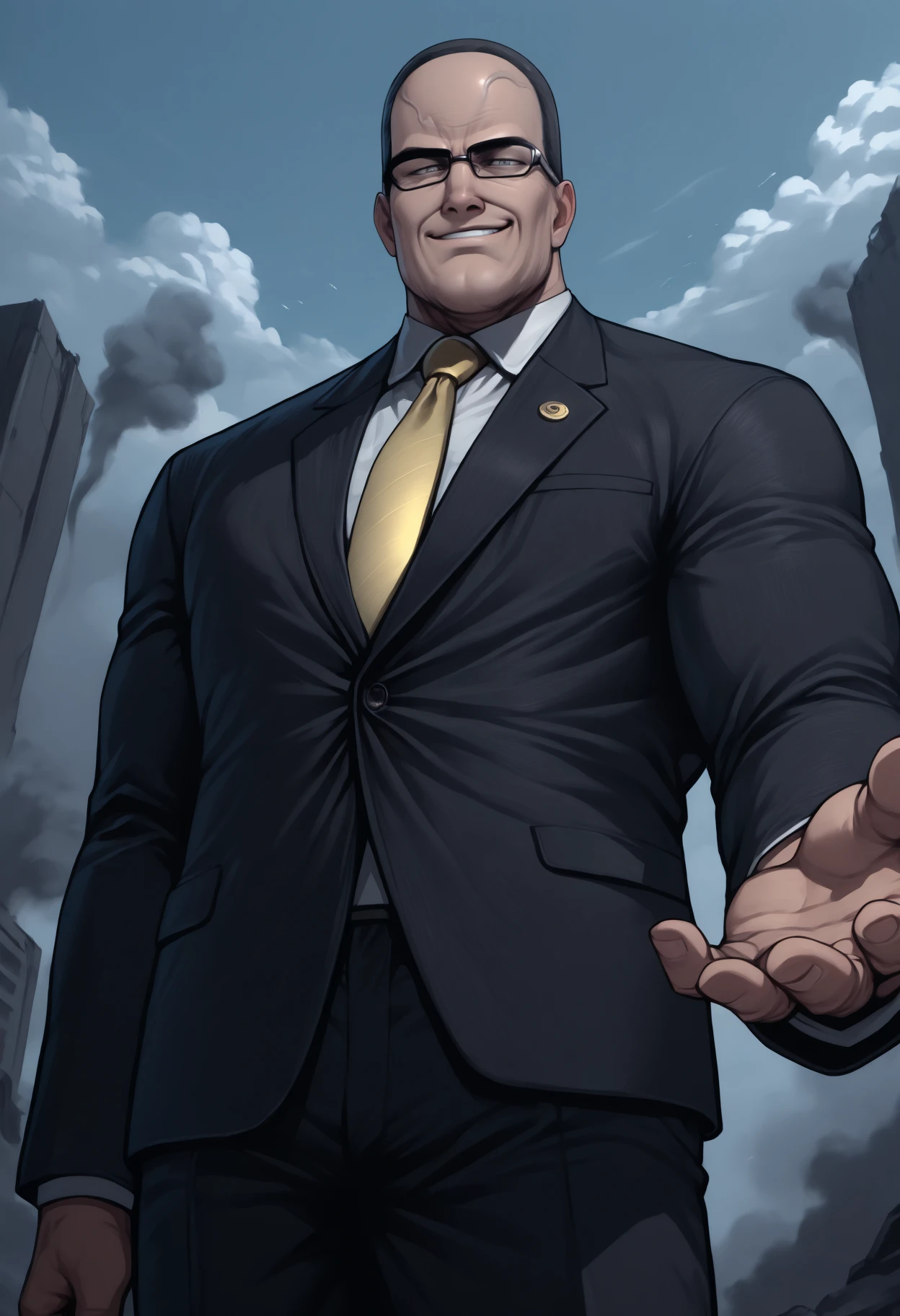 masterpiece, best quality, 1boy, grey eyes, buzz cut, black hair, very short hair, manly, mature male, old, double chin, black-framed eyewear, veins,
formal, black suit, business suit, yellow necktie, white collared shirt, black pants,
looking at viewer, grin, serious, reaching out, reaching towards viewer, offering hand, 
outdoors, day, low-angle view, smoke, clouds,
<lora:Senator-Armstrong-NoobAi-1.1_V1-Manityro-CAME:1.0>