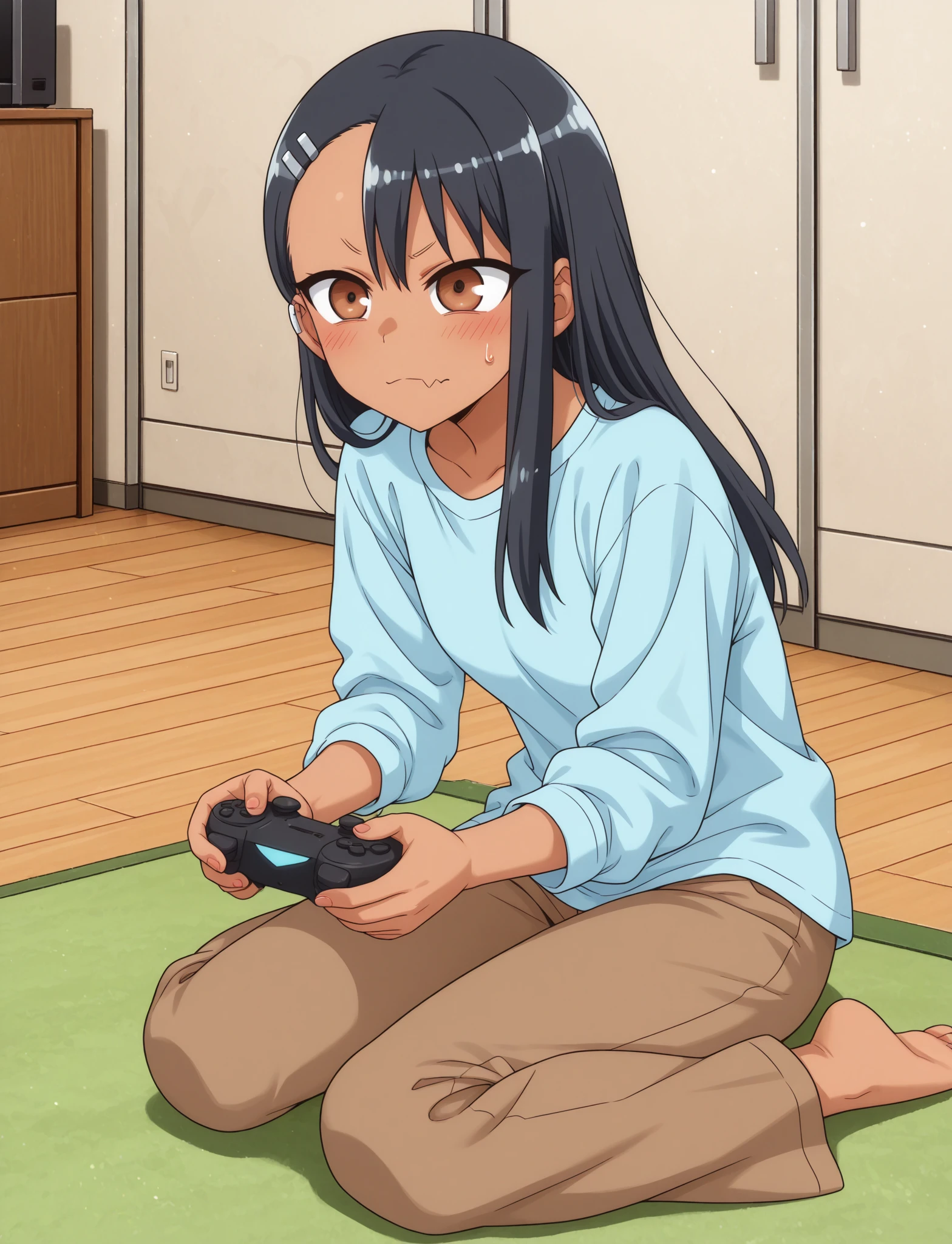 masterpiece, best quality, very aesthetic, 1girl, solo, <lora:nagatoro-multi-outfit_ILL_epoch_10:1.0>
nagatoro hayase, brown eyes, dark-skinned female, tan, black hair, hairclip, earclip, hair ornament, long hair, skin fang, 
outfit-blue-shirt, shirt, blue shirt, long sleeves,
on floor, indoors, game controller, holding controller, wariza, brown pants, playing games, sweatdrop, full body, v-shaped eyebrows, closed mouth,