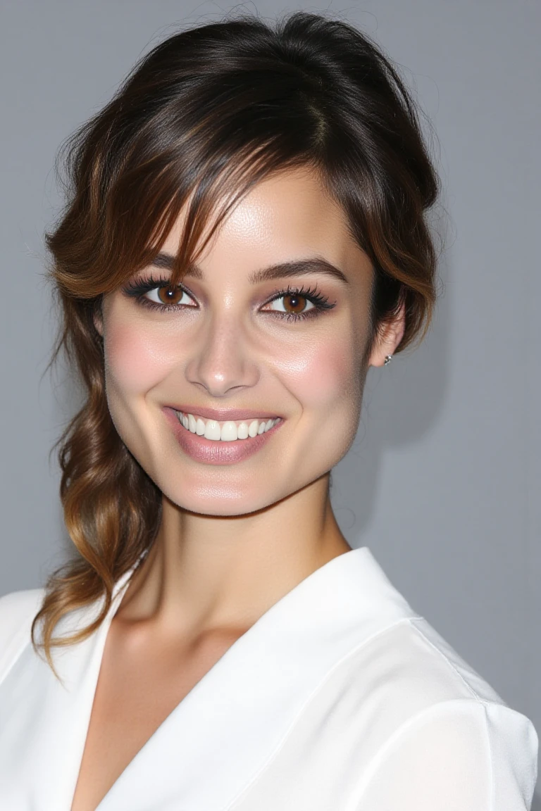 High quality realistic beauty shot of olgaflx. A close-up shot of a woman. She is wearing a white blouse. Her hair styled with parted bangs.. The backdrop is a light gray. She is giving a beautiful smile.