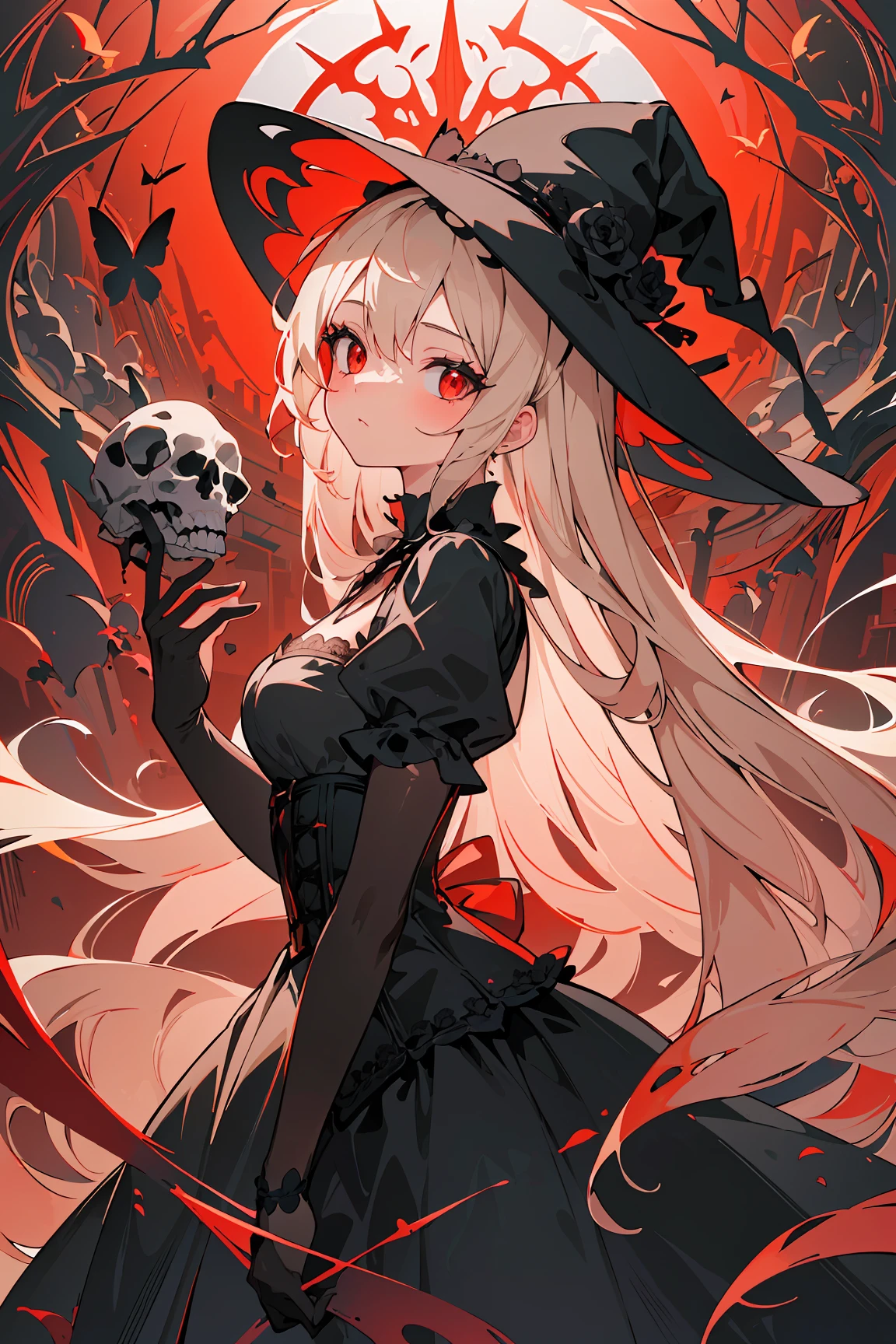 masterpiece, best_quality, absurdres, hdr, 8k, intricate_details, ((Red theme):1.3), (Stunning illustration of a girl.:1.5),long_hair, headwear, masterpiece. anime. bewitching color, depth of field, soft lighting, sharp focus. The scene is a dark, gothic setting with a mysterious young woman at its center. She has long, platinum-blonde hair, black lace accessories, and a steampunk eyepiece. Her expression is calm yet eerie. She wears an ornate black dress with roses, lace, and corset elements, merging into dark, angular shapes resembling twisted metal and thorns. Black butterflies surround her, symbolizing death or transformation, surrounded by shadows and decaying wings. The background features a dimly lit gothic structure with skulls, dark crosses, and fragmented puzzle pieces, creating a surreal and disturbing atmosphere. The lighting is soft and cold, with a color scheme of black, deep reds, metallic grays, and occasional red and black highlights,The art style is rich in gradients of black and red, with smooth, defined lines and soft, radiant lighting that add depth and elegance, giving the scene a mystical, divine quality,side_view,close-up, art by Harold Elliott