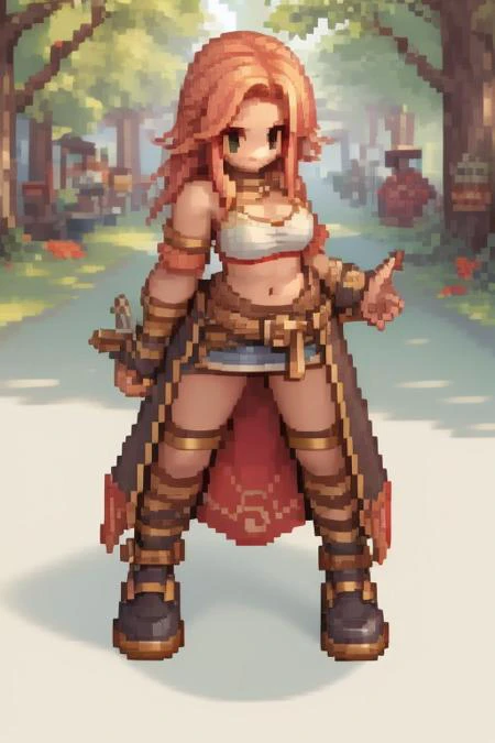 1girl, pixel art, 2D-HD style, isometric view, Ragnarok Online inspired, Octopath Traveler lighting, athletic build,  breasts underboobs,ROSprite, persistent, coherent, consistent ,ROSspriteEX