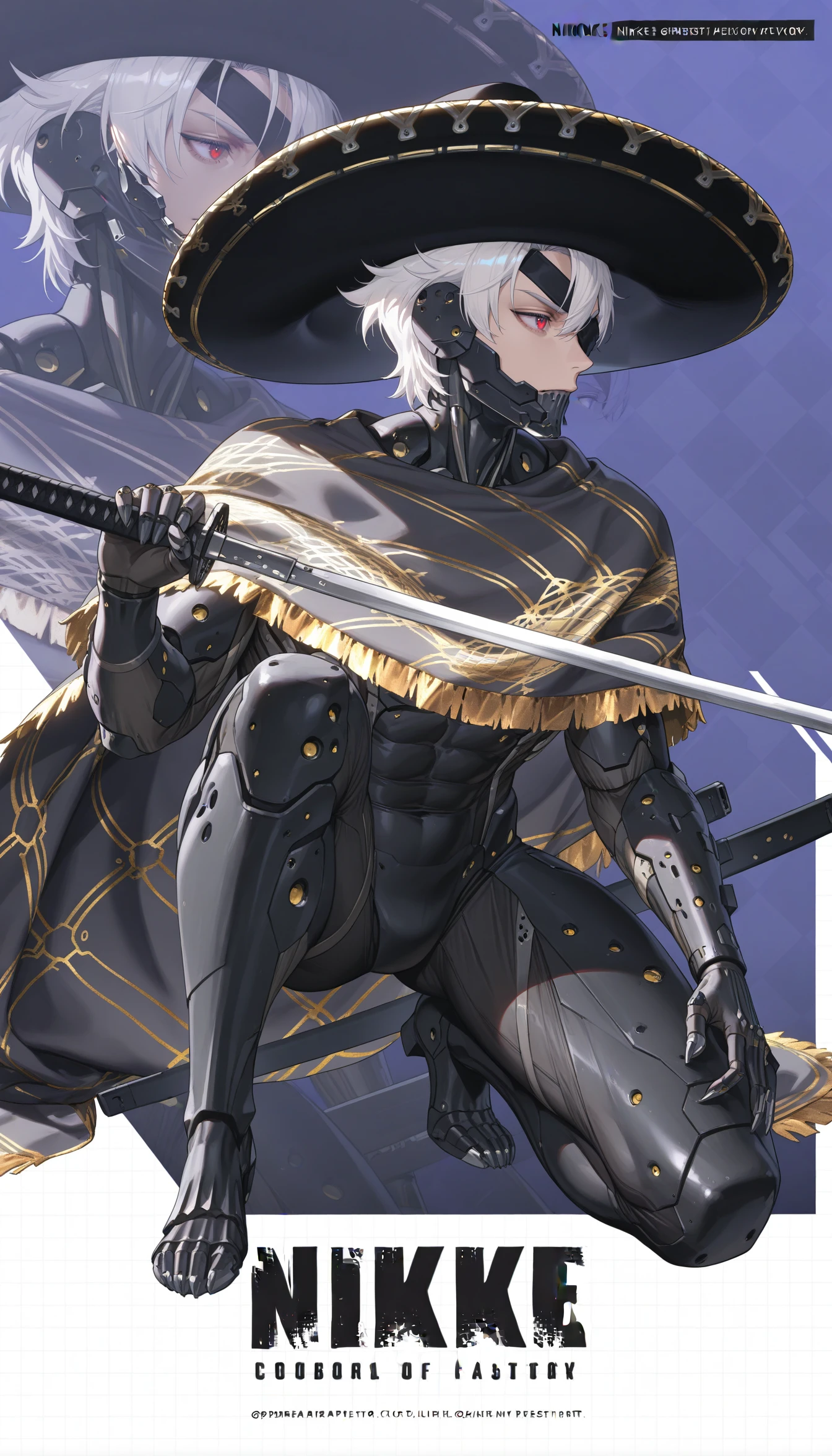 masterpiece, best quality, newest, absurdres, highres, 1boy, male focus, RaidenMGRSombrero, cyborg, bodysuit, eyepatch, mechanical chin, white hair, short hair, hat, cape, <lora:RaidenMGRR_illusXLNoobAI_Incrs_v1-000013:1>, muscular male, solo, <lora:NikkeProfile_illusXLNoobAI_Incrs_v2:0.8> NikkeProfile, full body, checkered background, zoom layer, copyright name, character name, english text, logo, on one knee, looking to the side, holding weapon, holding sword, katana, red eyes, blue eyes,