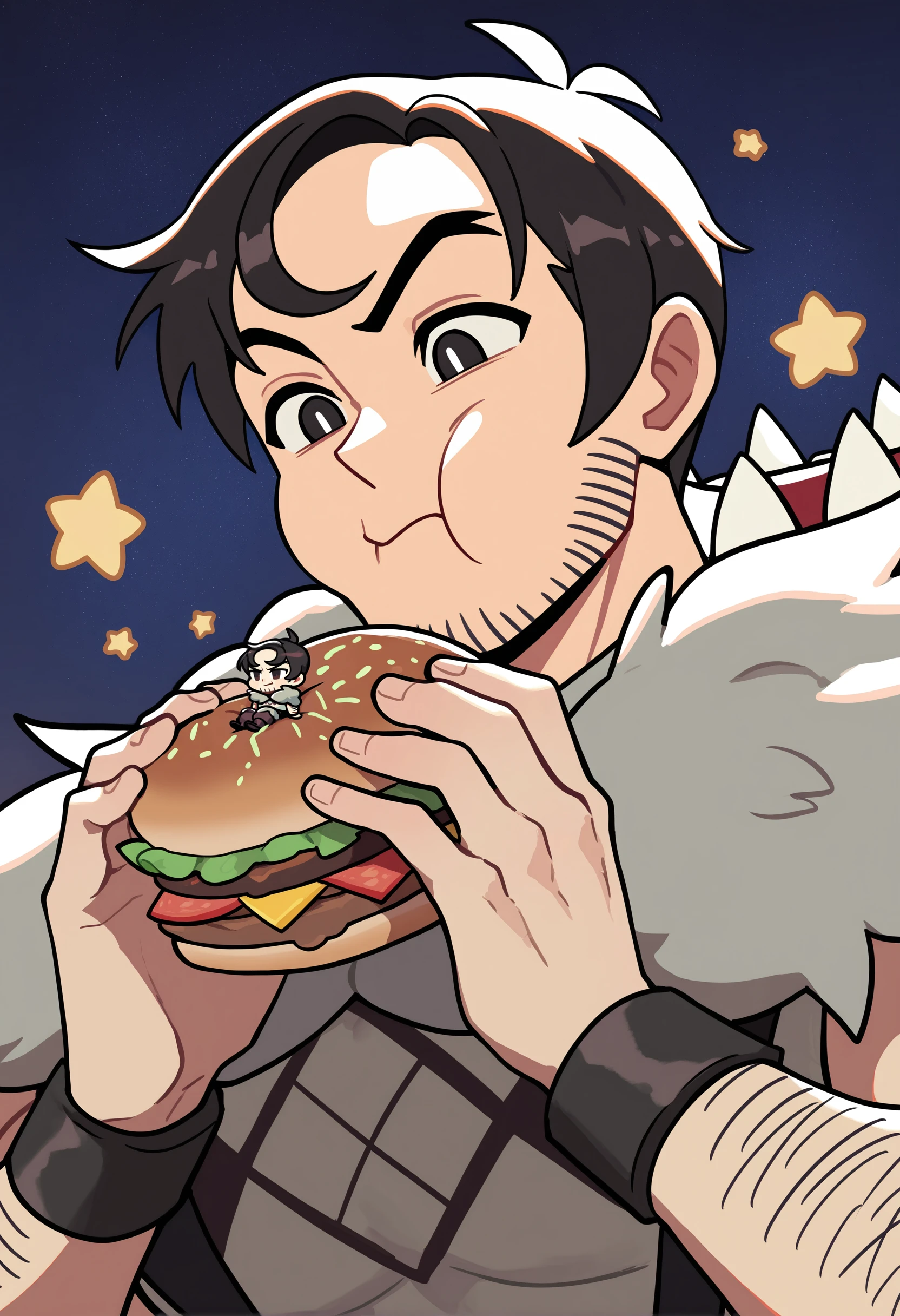 masterpiece, best quality, newest, absurdres, highres, very awa, 1boy, male, male focus, beowulf \(skullgirls\), (chibi:1.2), cute, eating hamburger, starry background