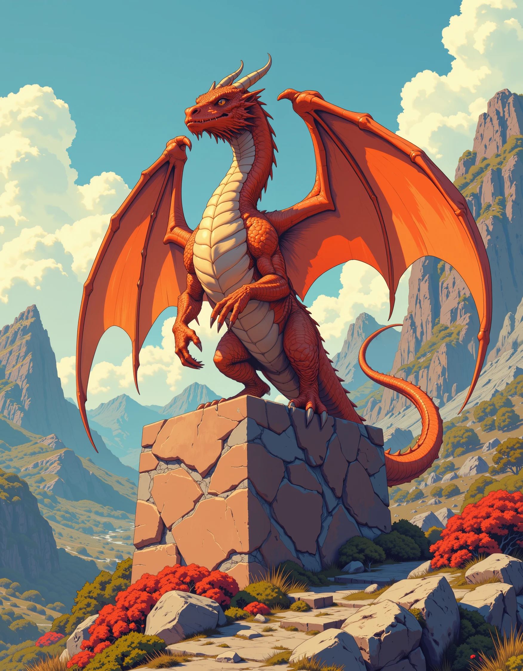 2d limited color pallet comic illustration. (warm colors) A dragon stands on a marble pedestal. The background is a mountainous wasteland. The dragon's posture is proud.