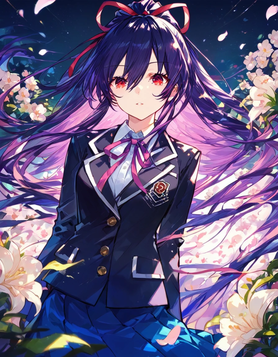 Tohka, 1girl, solo, long hair, looking at viewer, bangs, skirt, shirt, red eyes, long sleeves, ribbon, hair between eyes, very long hair, school uniform, jacket, hair ribbon, white shirt, ponytail, flower, purple hair, pleated skirt, parted lips, collared shirt, red ribbon, blue skirt, black jacket, petals, dress shirt, neck ribbon, floating hair, blazer, pink ribbon, white flower