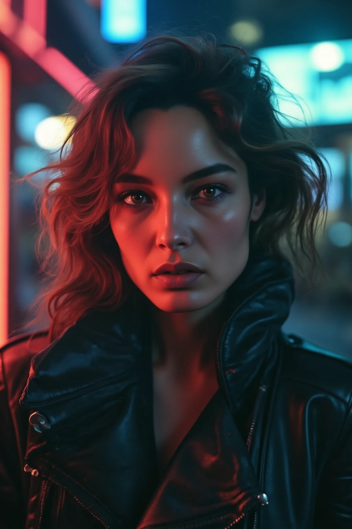 In a masterclass of futuristic portraiture, a woman stands resplendent against the neon-drenched backdrop of a cyberpunk city. Soft, even lighting wraps around her face, accentuating the intricate details of her cybernetic attire. Her eyes, pools of piercing intensity, lock onto the viewer's gaze, exuding an air of confidence and mystery. Centred in the frame, she presents herself with an unwavering sense of purpose, as if daring the viewer to look away. The medium-body portrait is a masterpiece of composition and lighting, capturing every nuance of her cyberpunk persona.