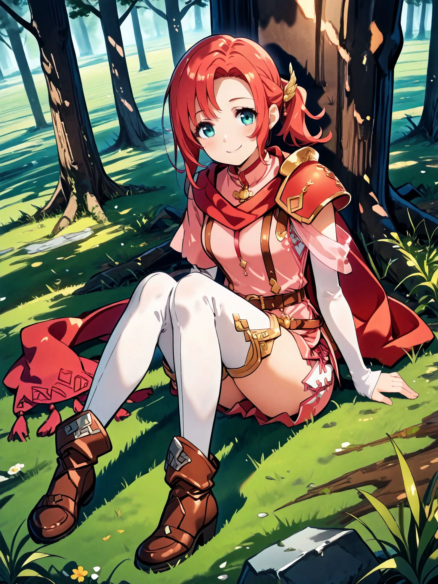 masterpiece,best_quality,1girl,solo,<lora:norne feh 2outfits_illustriousXL:0.8>,norne feh,hair ornament,shoulder armor,cape,red scarf,bridal gauntlets,pink dress,belt,thighhighs,boots,full body,sitting,on ground,smile,grass,tree,looking at viewer,