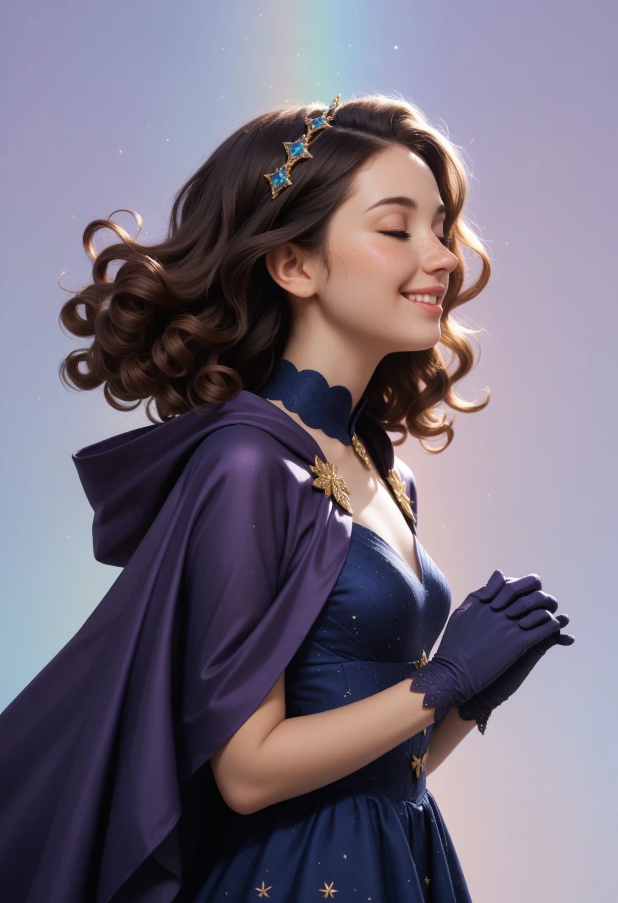 score_9, score_8_up, score_7_up, score_6_up.
woman, from side, looking up, hands together gloves, satin dress, purple cloak, indigo dress, jewelry, ethereal, pastel, embroderie, parted lips, smile, closed eyes, freckles, snub nose, curly brown hair, intricate, gradient background.
Realistic photo, extremely detailed, fine details, fine texture, incredibly lifelike