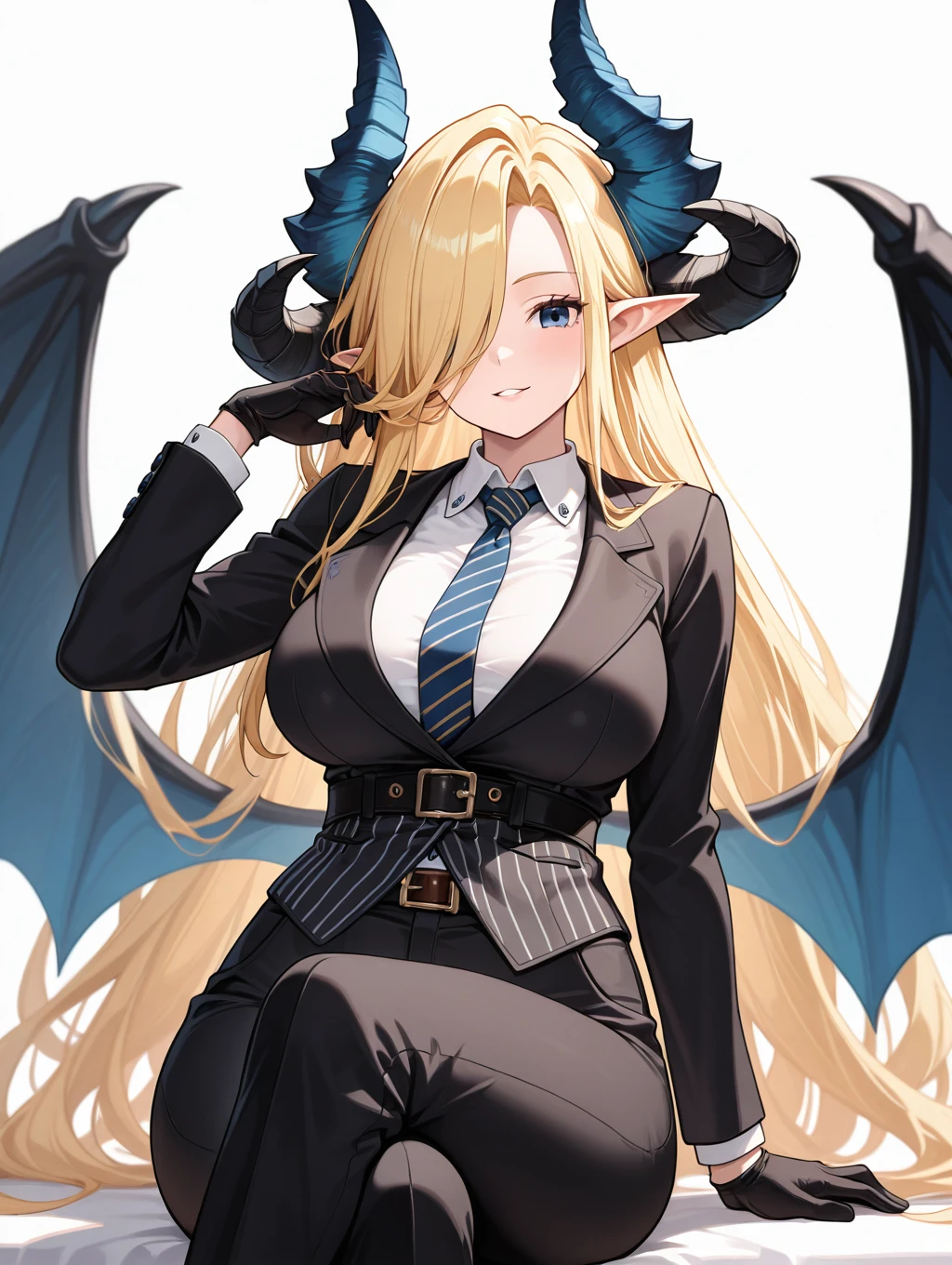 bianca, 1girl, solo, long hair, looking at viewer, smile, blue eyes, blonde hair, large breasts, simple background, shirt, gloves, long sleeves, white background, sitting, very long hair, jacket, parted lips, wings, necktie, horns, pointy ears, black gloves, striped, collared shirt, belt, pants, hair over one eye, vest, black jacket, black pants, formal, demon girl, crossed legs, suit, demon horns, demon wings


masterpiece, best quality,amazing quality, very aesthetic, absurdres, depth of field, blurry background, extremely detailed face, detailed eyes