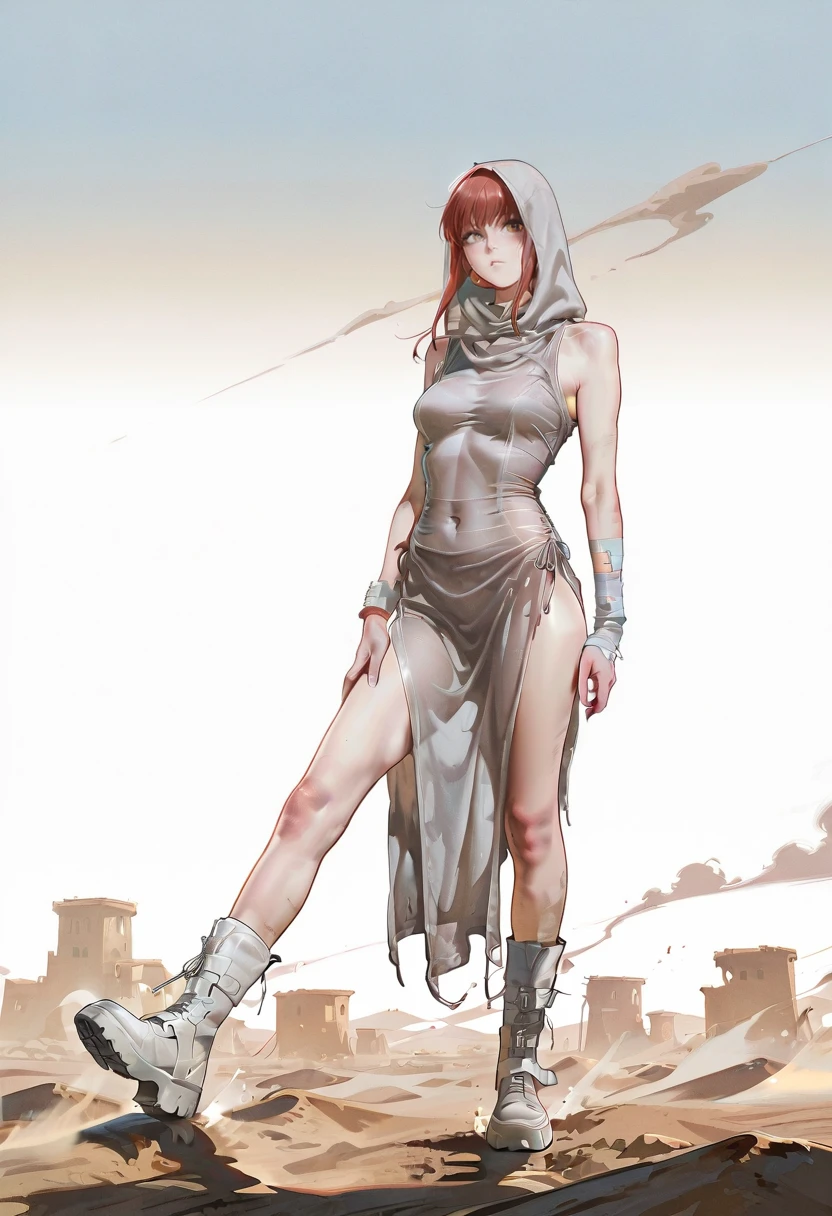 1girl,solo,looking at viewer,ikeda ruriko, desert,tr dress, see-through, hood, hood up, boots, white footwear, bandages, makima_(chainsaw_man), dust storm