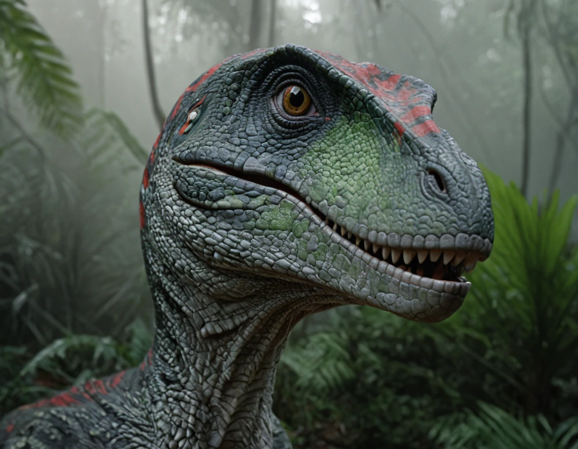 cinematic close-up film still of a raptor dinosaur in a tropical jungle, with green skin with red markings and big eyes, looking at the viewer. Soft natural light, slightly foggy, photorealistic  style of nature documentaries, detailed textures <lora:Dinosaur_Practical_Effects-000004:1>