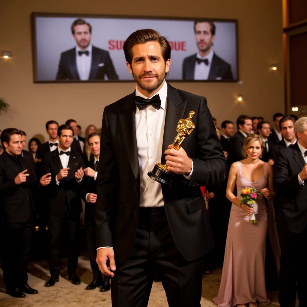 Jake Gyllenhaal standing on the grand stage of the Oscars, holding a gleaming golden statuette in one hand, his expression a mix of disbelief and joy. He’s wearing a classic black tuxedo with a perfectly tied bowtie, under the spotlight’s warm glow. Behind him, a massive screen displays his name and a montage of his roles. The audience, filled with stars in glamorous attire, gives a standing ovation. Sparkling confetti falls around him, and the scene captures the emotion and grandeur of the iconic moment with cinematic detail and vibrant colors.