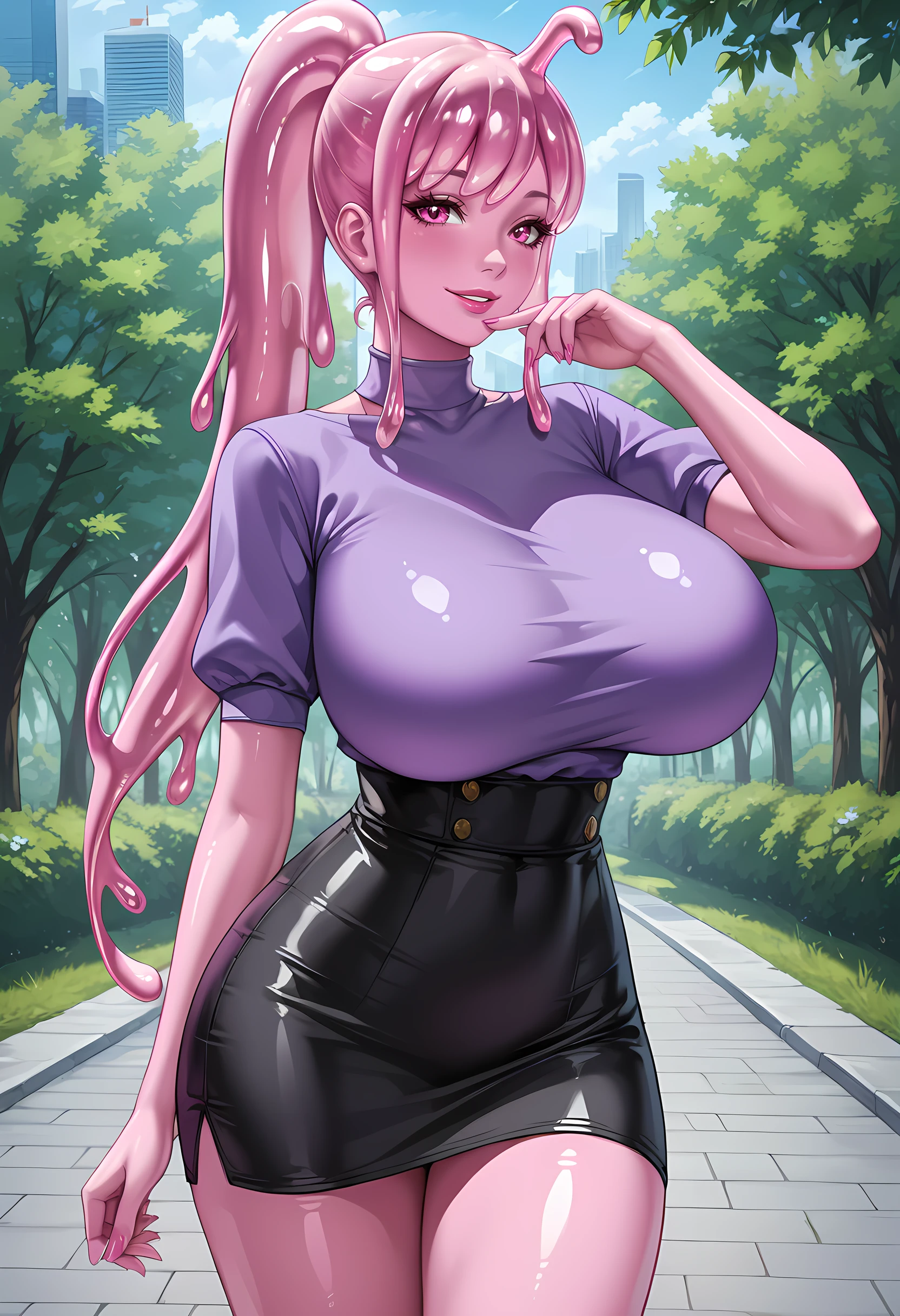 score_9, score_8_up, score_7_up, score_6_up, Masterpiece, source_anime, (slime girl, pink skin, gooey body, gooey hair, colored skin, translucent skin, pink slime body, monster girl, pink eyes), pretty, beautiful, slim, curvy, long slime hair, ponytail, lips, legs, pose, smile, huge breasts, wide hips, pose, purple shirt, black skirt, outside, vivid colors, shiny and glossy, anime style, high-res, beautiful aesthetic, very intricate, high-quality details, vibrant, highly detailed, award-winning, professional,  <lora:Slime_girl_revised_r1:0.8>,