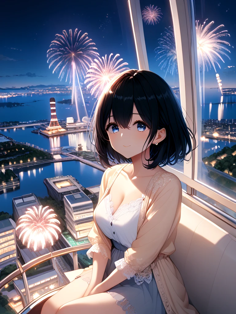 score_9, source_anime, ferris wheel interior, glass cabin interior, reflection, milf, 1girl, window, horizon, skyline, scenery, cityscape, amusement park, fireworks, aerial fireworks, city, night, city lights, night sky, sitting on seat, <lora:girllikeferriswheel_pony:1>