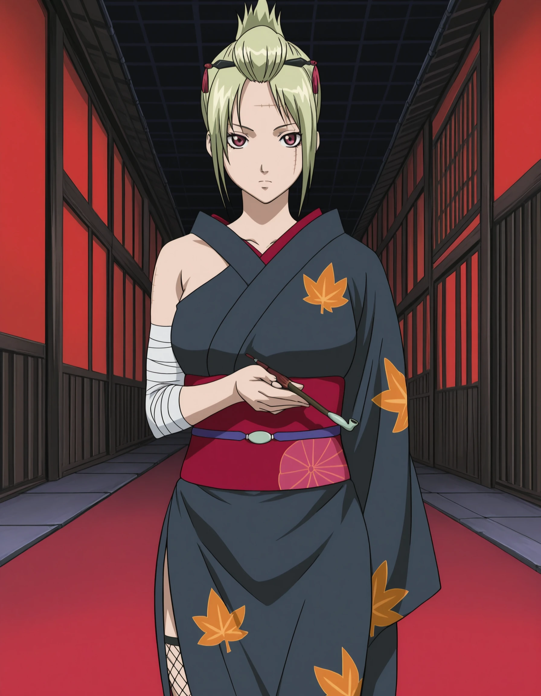 anime coloring, anime screencap, masterpiece, detailed face,
outside, in a redlight district,
 <lora:Tsukuyo_Gintama_-_Illustrious:.8>Tsukuyo black kimono outfit, 1girl, solo, print kimono, japanese clothes, blonde hair, folded ponytail, sash, scar, obi, hair ornament, (single detached sleeve on girl's right arm, bare shoulder), hair up, kiseru, holding, smoking pipe, fishnet legging, legs, looking at the viewer, arms folded