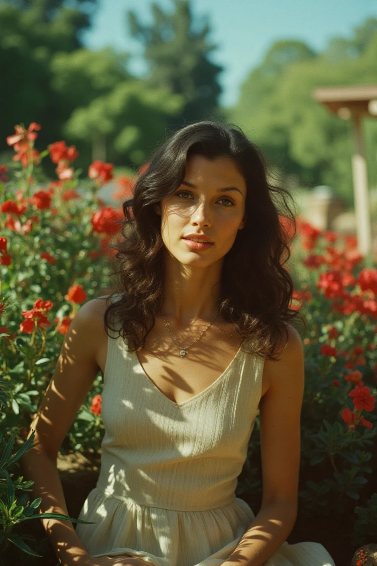 (photo of a brunette woman), editorial photoshoot, close up, in a floral garden, shot on film camera, kodak colors, close up, elegant pose, perfect lighting, beautiful sky showing through the leaves, she is wearing a plain summer dress, beautiful smile, 90mm lens, extremely detailed, in an exotic forest location