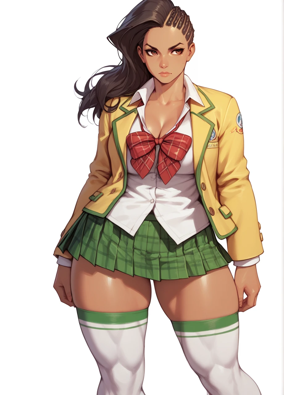 <lora:SF_Laura-PONY:0.8> 1girl, solo, cowboy shot, white background, assymetrical hair, dark skin, muscular female, large breasts, thick thighs, brown eyes, makeup, cptlaura, yellow blazer, bow, school uniform, white thighhighs, green skirt, plaid skirt, white shirt, score_8_up, score_7_up, score_6_up, score_5_up
