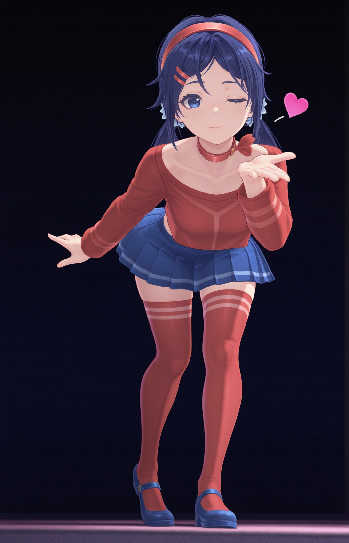 1girl,blue hair,hair ornament,hairband,hairclip,blue hair,long hair,twintails,hair scrunchie,blue eyes,red hairband,red collar,red shirt,long sleeves,blue skirt,pleated skirt,red thighhighs,red socks,blue footwear,miniskirt,shoes,crop top,solo,thighhighs,skirt,looking at viewer,jewelry,choker,ribbon choker,closed smile,leaning forward,looking down at viewer,thigh highs,black background,masterpiece,best quality,heart,from_below,<lora:MitaOGV1:1>,wink,blowing kiss,one eye closed,action pose,