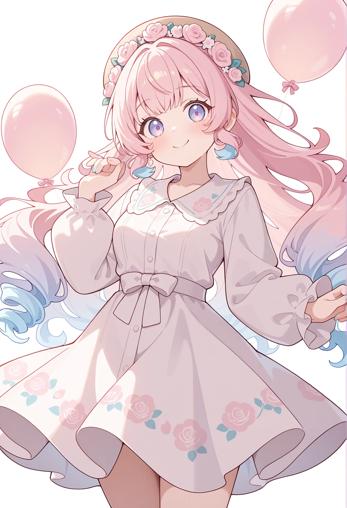 1girl,mediumaquamarine hair,big waves hair,smile,Pale pink tiered maxi dress with balloon sleeves.,floral print,
front view,cowboy_shot,looking_at_viewer,
simple background,white background,pastel colors,CUTE2712,<lora:CUTE2712_Illustrious by Cyql.:1>,
perfect quality,high quality,masterpiece,best quality,amazing quality,very aesthetic,Cinematic Lighting,newest,Tactical use of shadow,