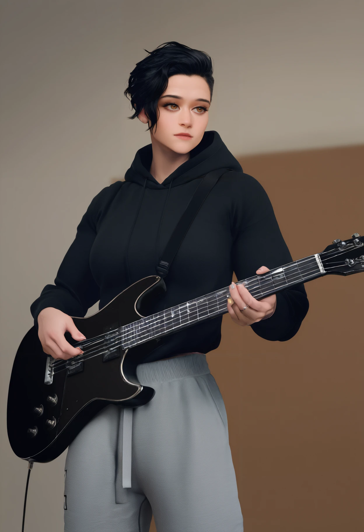 masterpiece, best quality, newest, absurdres, highres, 1girl, solo, kaotybirhdn, black hair, short hair, brown eyes, hoodie, sweatpants, holding instrument, electric guitar, dynamic pose
<lora:Katy OâBrian:1>